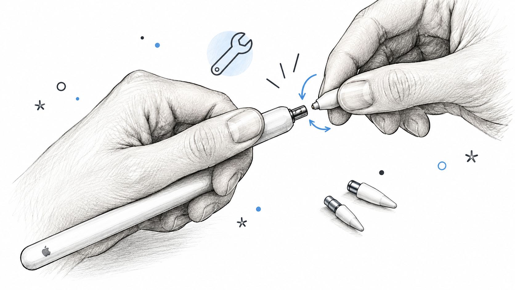 A pencil sketch illustration showing how to replace the tip of an Apple Pencil stylus.