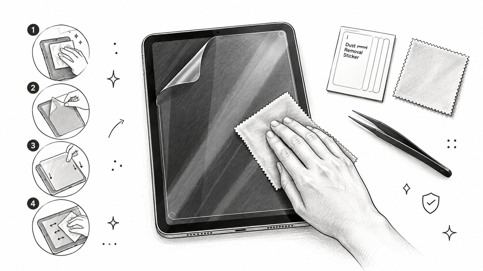 A detailed step-by-step diagram showing the proper application process for a tablet screen protector.