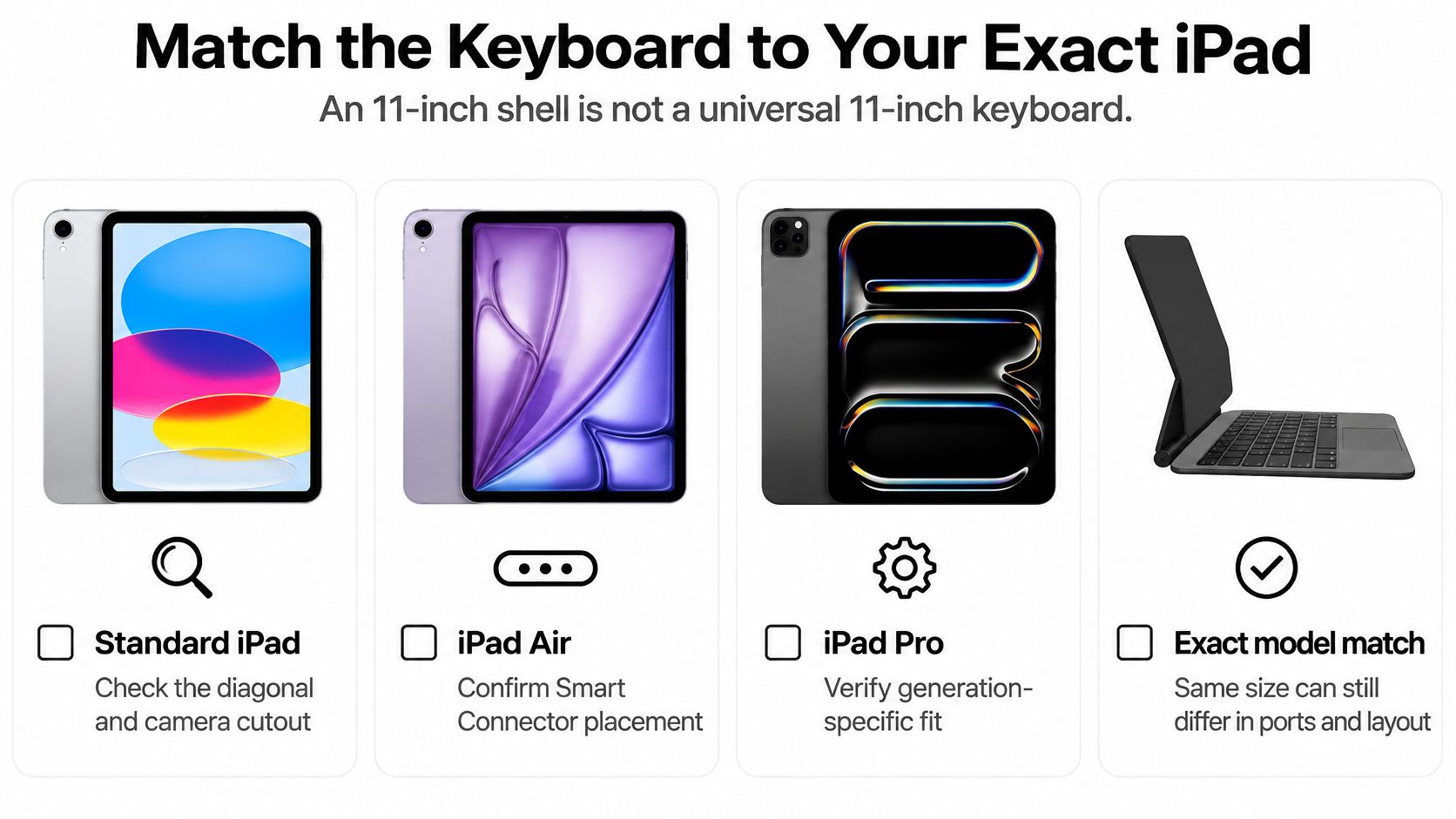 An infographic titled Match the Keyboard to Your Exact iPad, displaying advice for choosing the correct model.