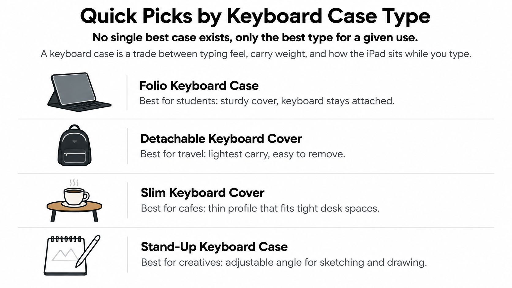 A guide illustrating different types of iPad keyboard cases suitable for students, travelers, creatives, and cafe users.