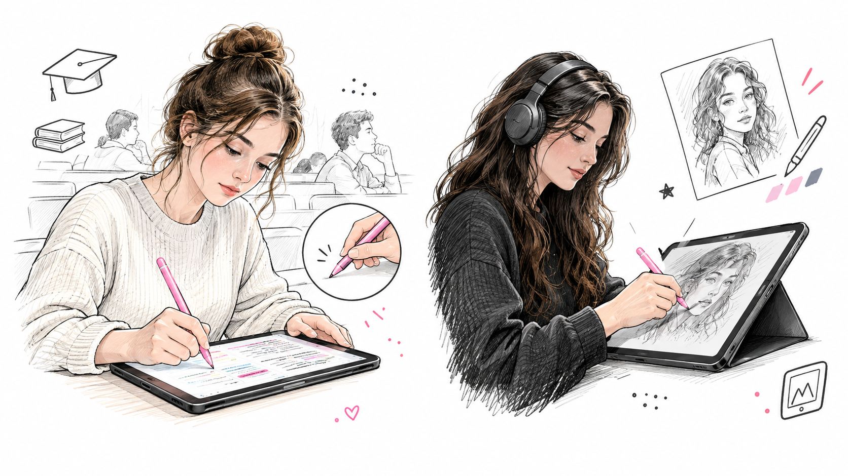A dual-view illustration of a girl using a pink stylus pen for digital note-taking and sketching.