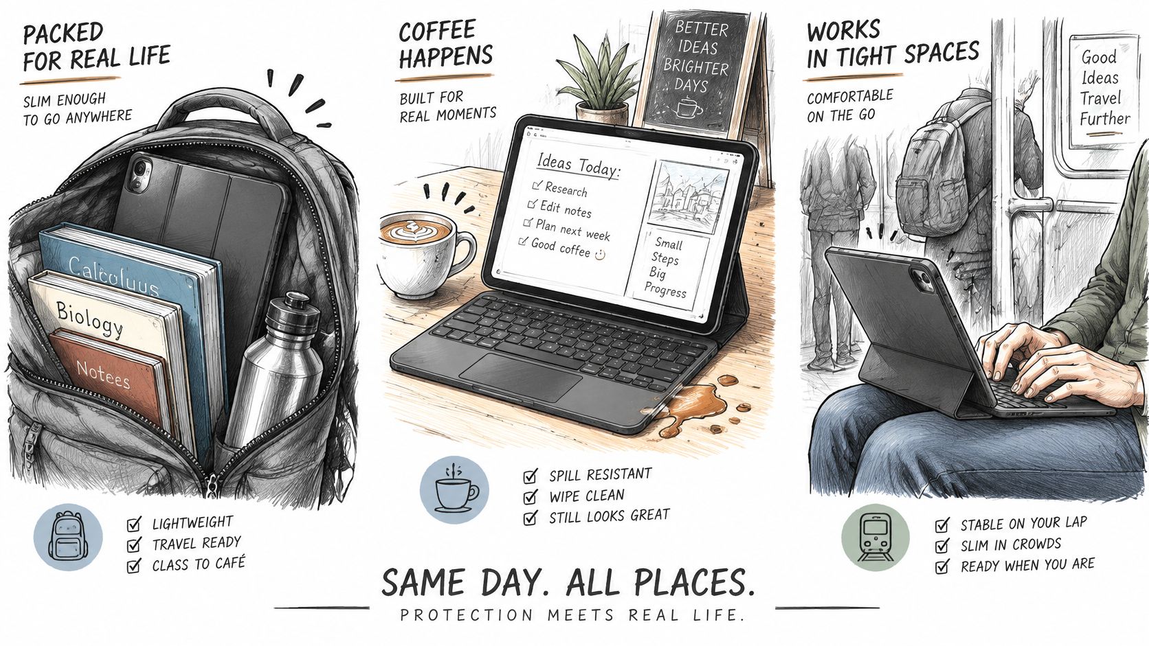 An illustration showing a protective iPad keyboard case used in a backpack, at a cafe, and on a train.