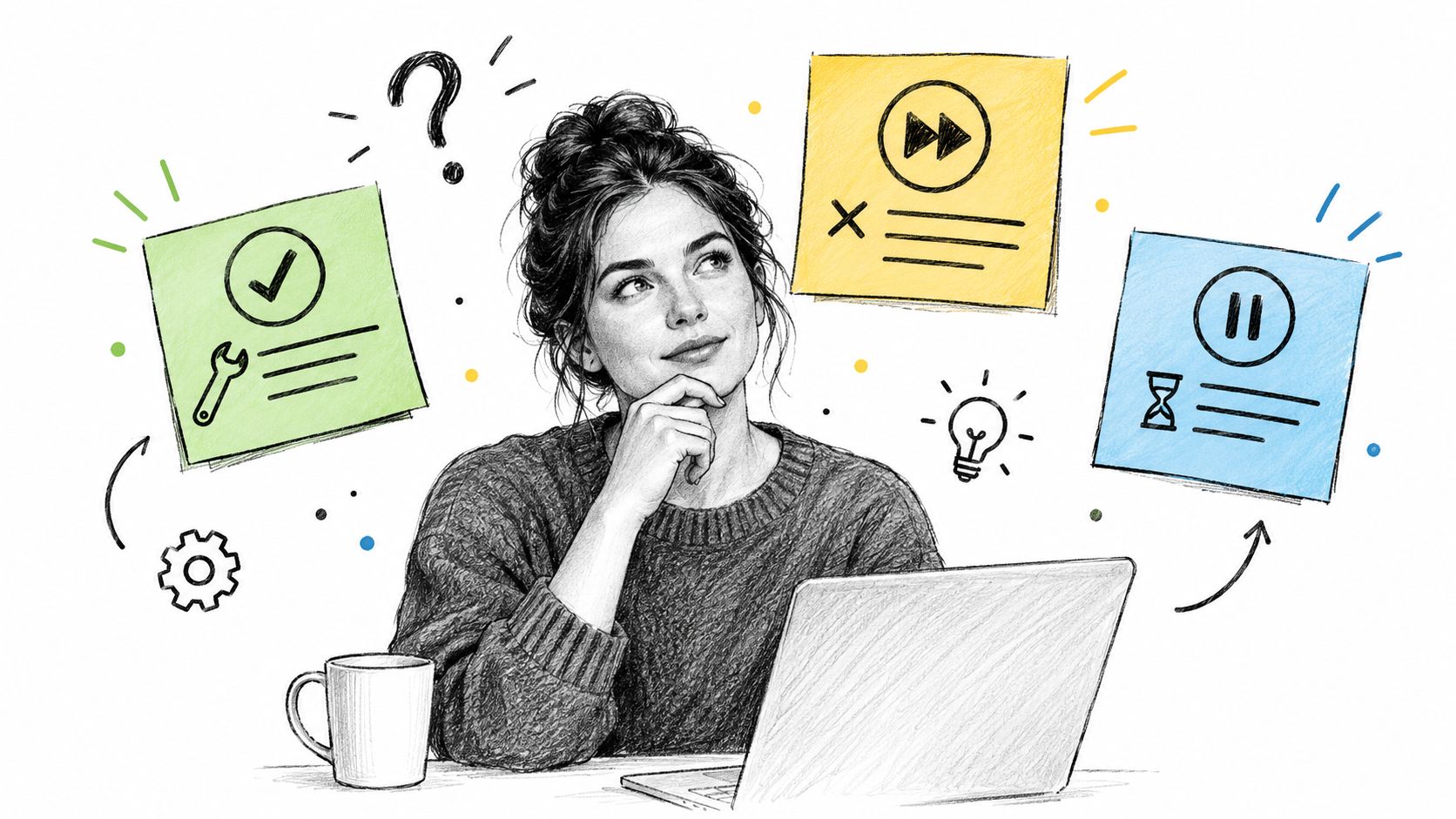 A pensive woman working on a laptop surrounded by colorful sticky notes with task management icons.