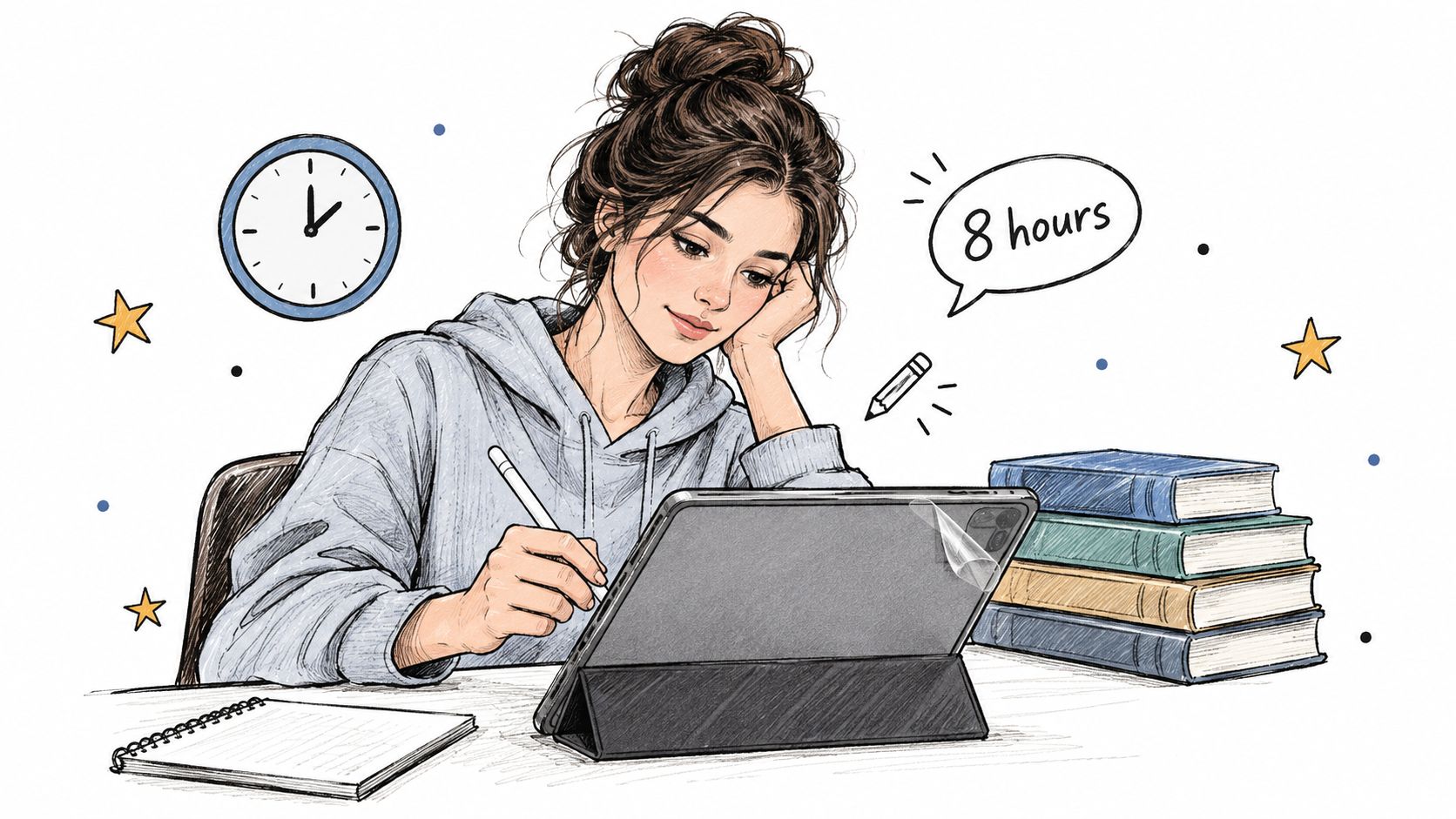 A girl illustrating on an iPad Air tablet, indicating an eight-hour focus duration with stacked books nearby.