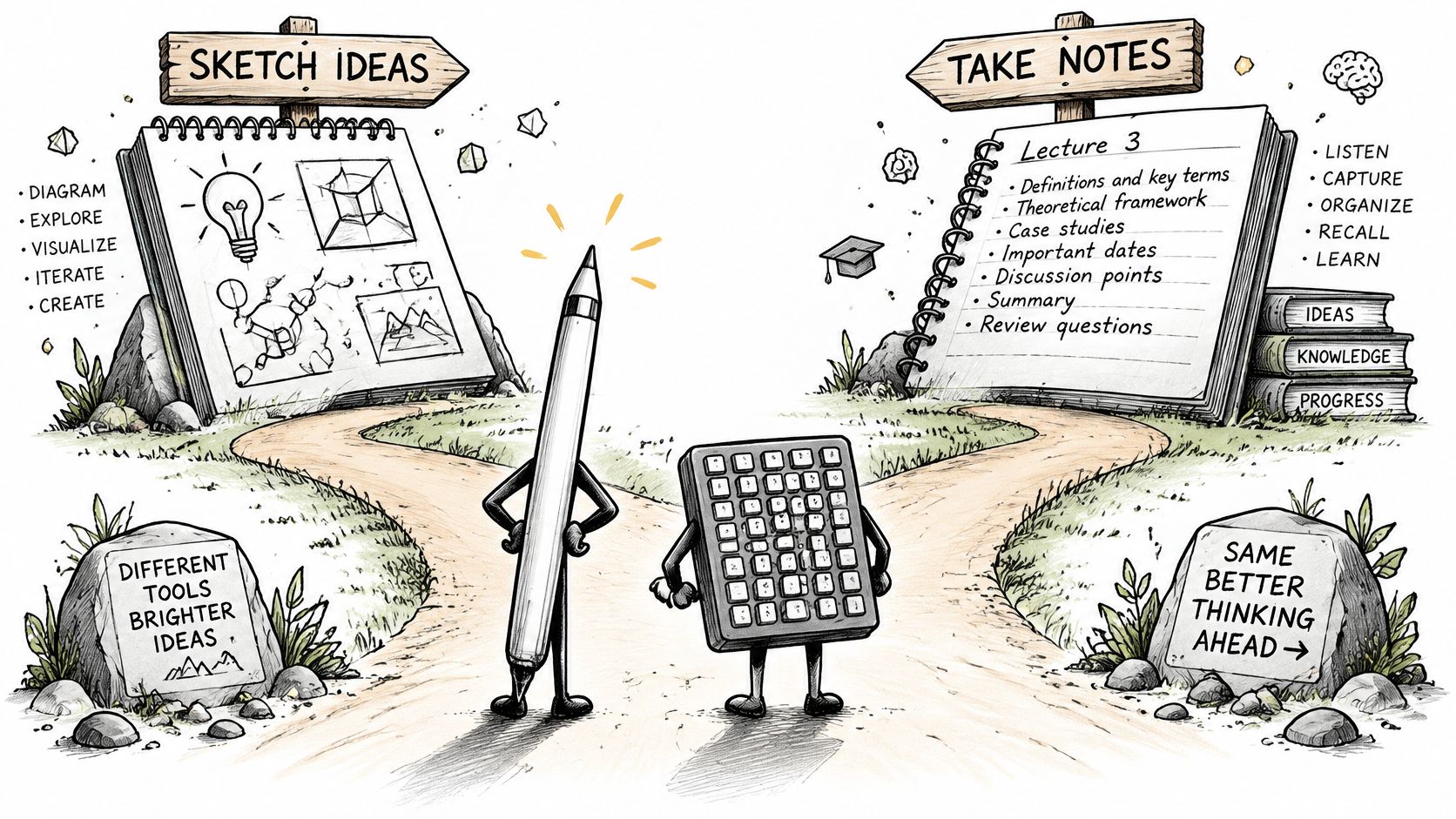 An illustration showing a stylus and a keyboard choosing between sketching ideas or taking structured notes.