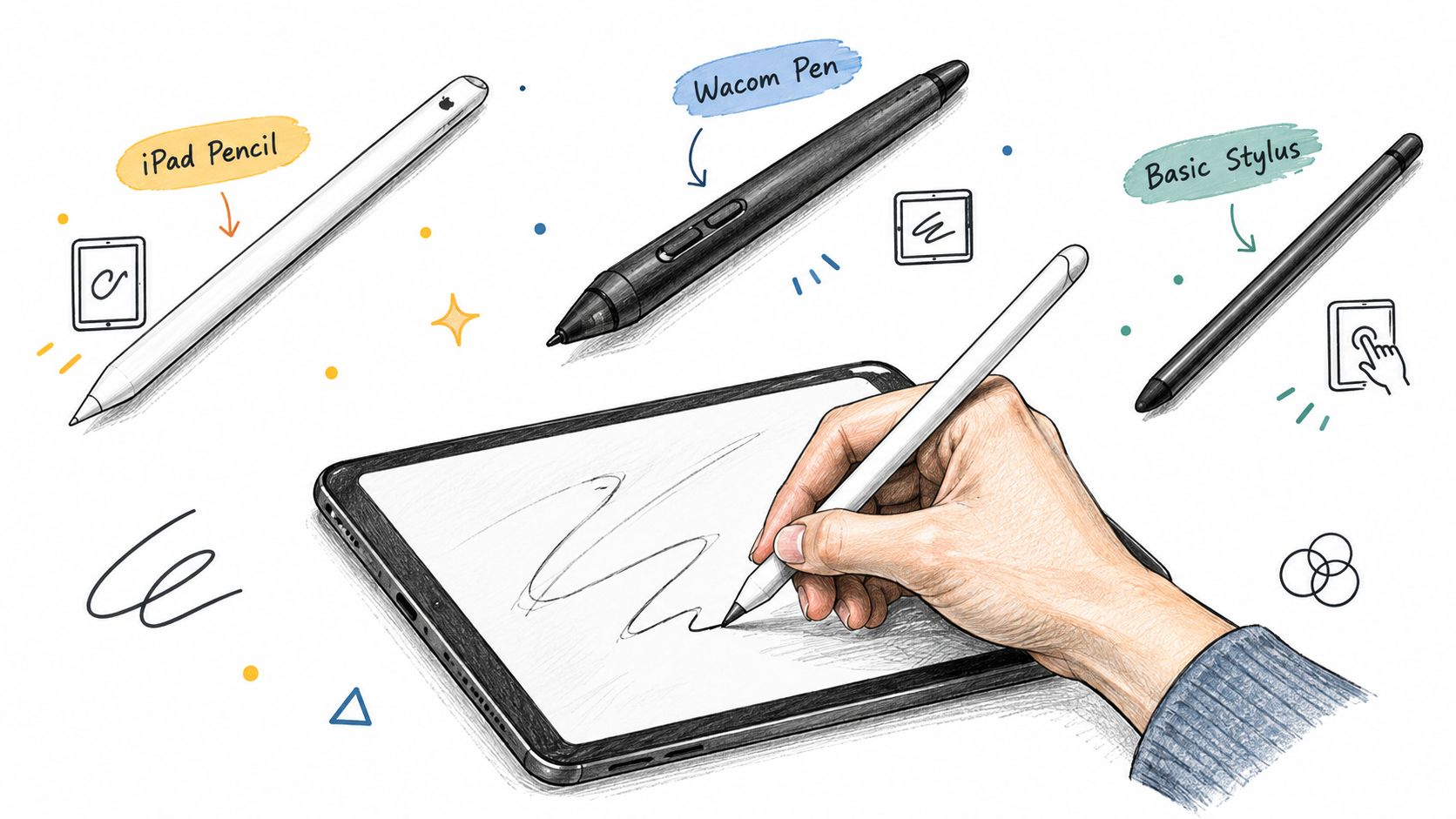A hand drawing on a tablet with a stylus, surrounded by illustrations of three different digital pens.