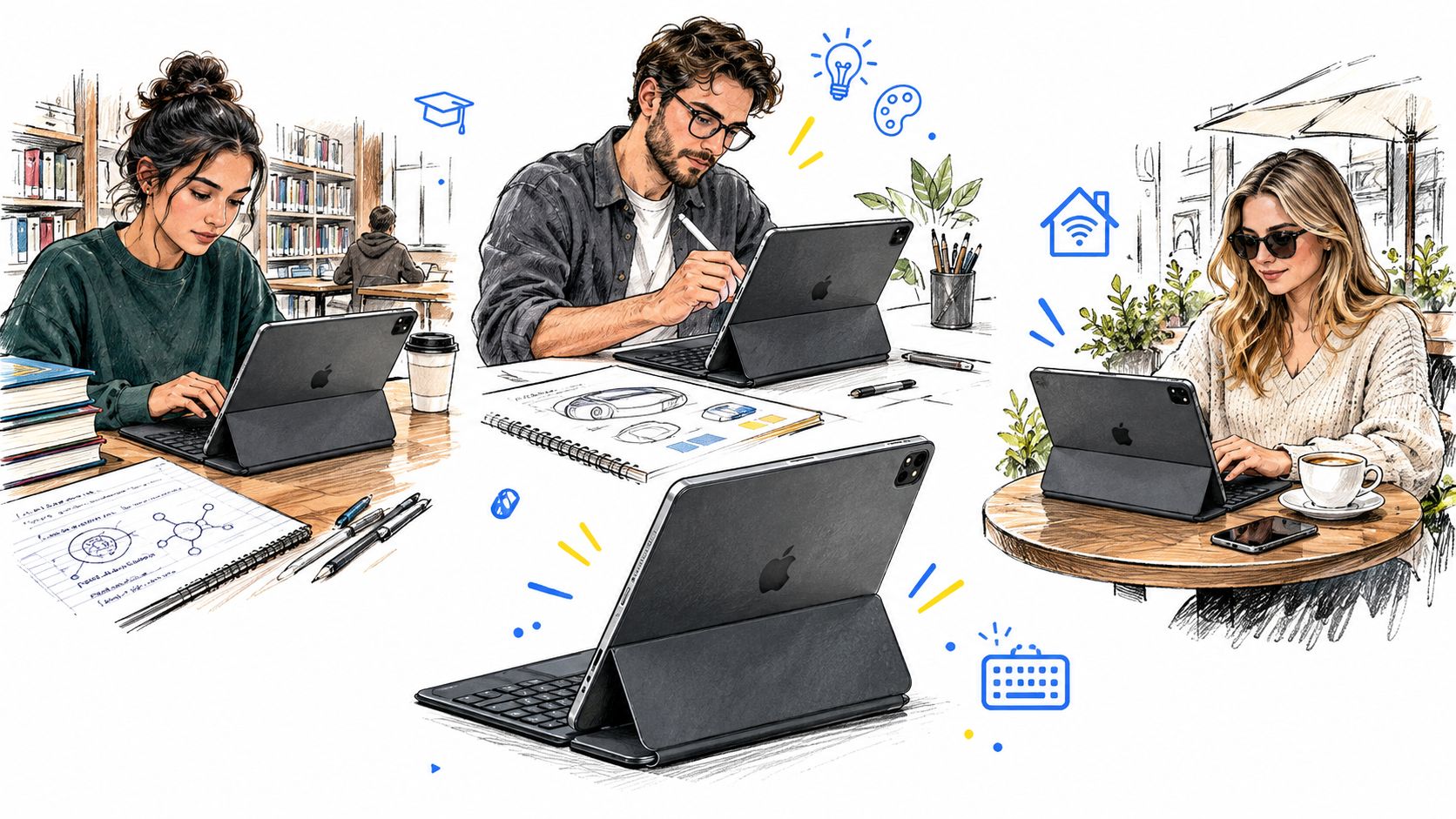 Three people using iPad Pro tablets with keyboard cases in different settings like a library and cafe.