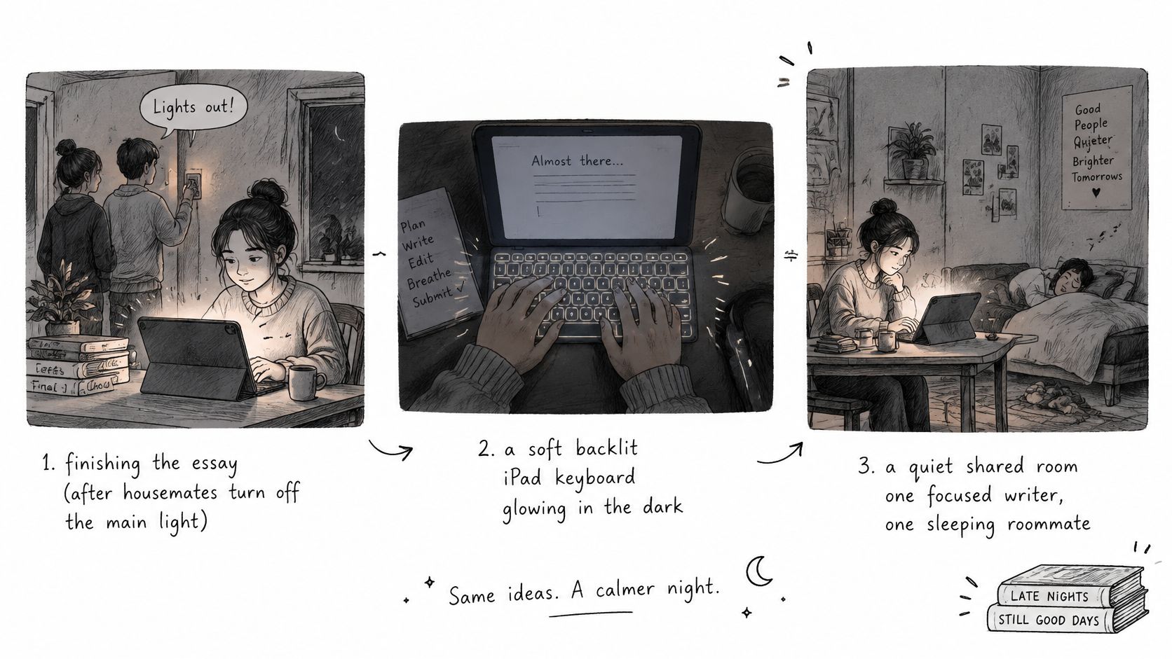 A three-panel illustration showing a person writing an essay at night using a soft backlit iPad keyboard.
