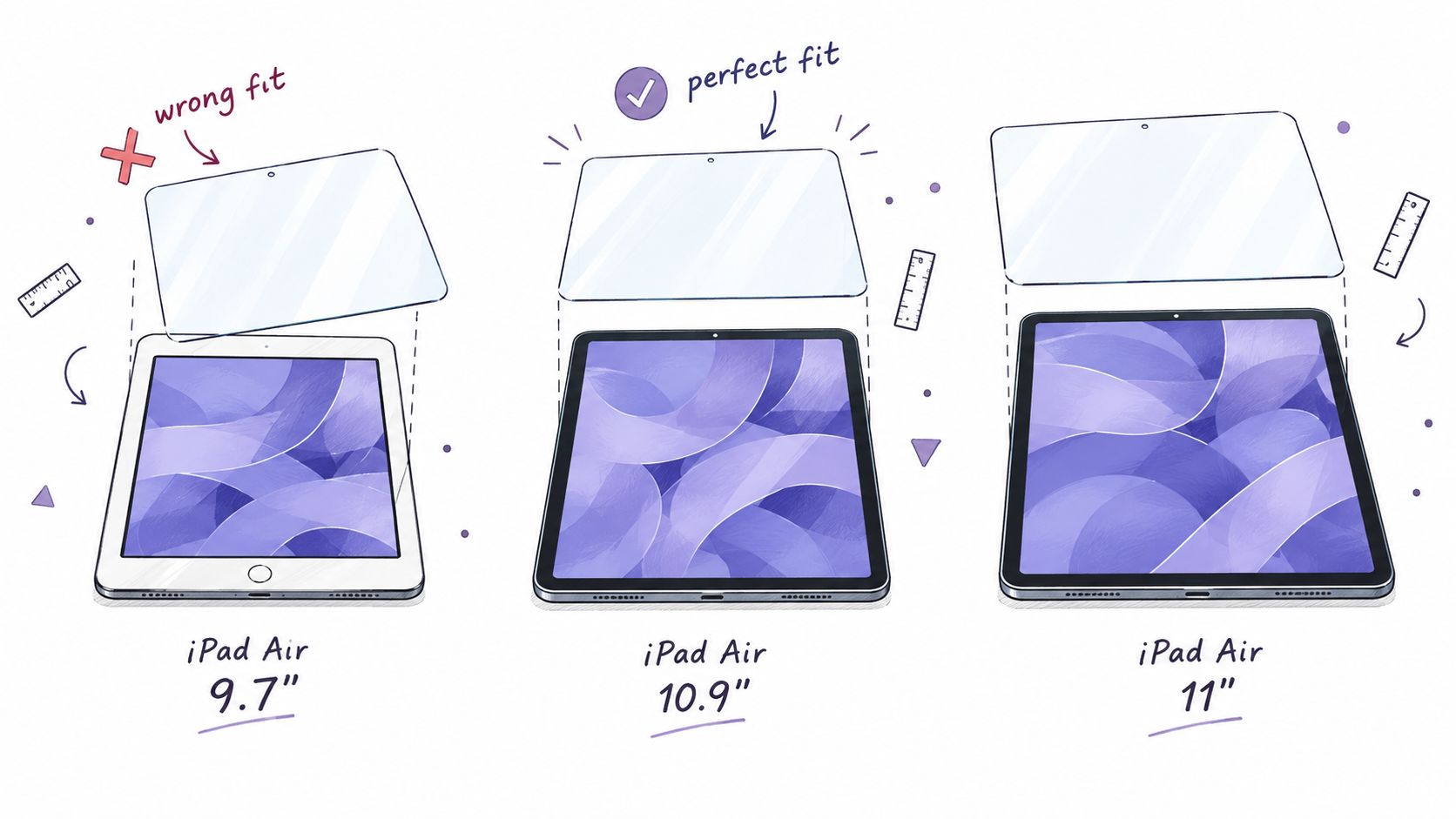 A diagram comparing screen protector sizes for 9.7-inch, 10.9-inch, and 11-inch iPad Air models.