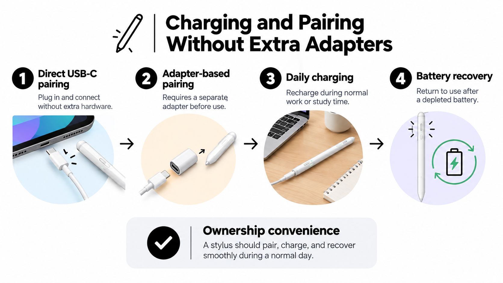 A diagram illustrating the charging and pairing process for a stylus pen without requiring extra hardware adapters.