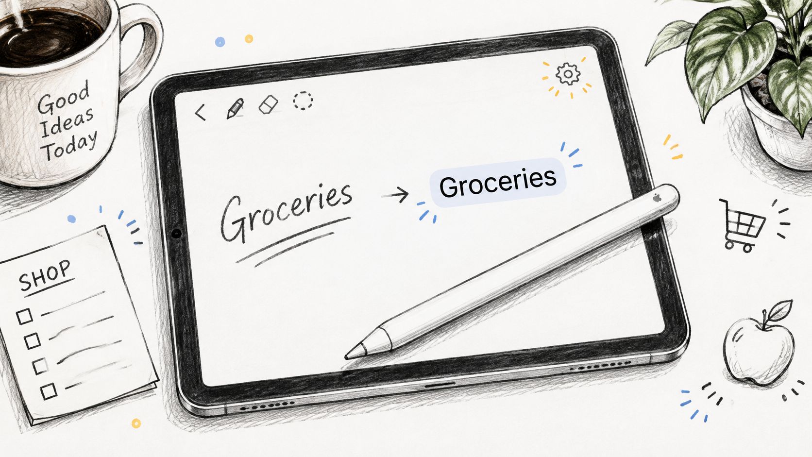 A digital illustration showing an Apple Pencil writing the word Groceries on an iPad tablet screen.
