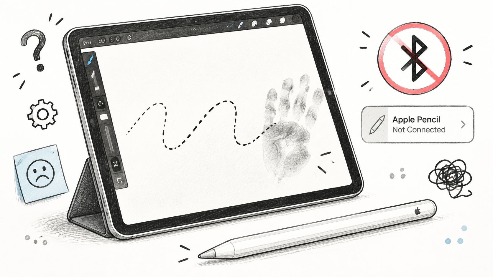A hand-drawn illustration showing an iPad, an Apple Pencil, and error icons indicating connection issues.