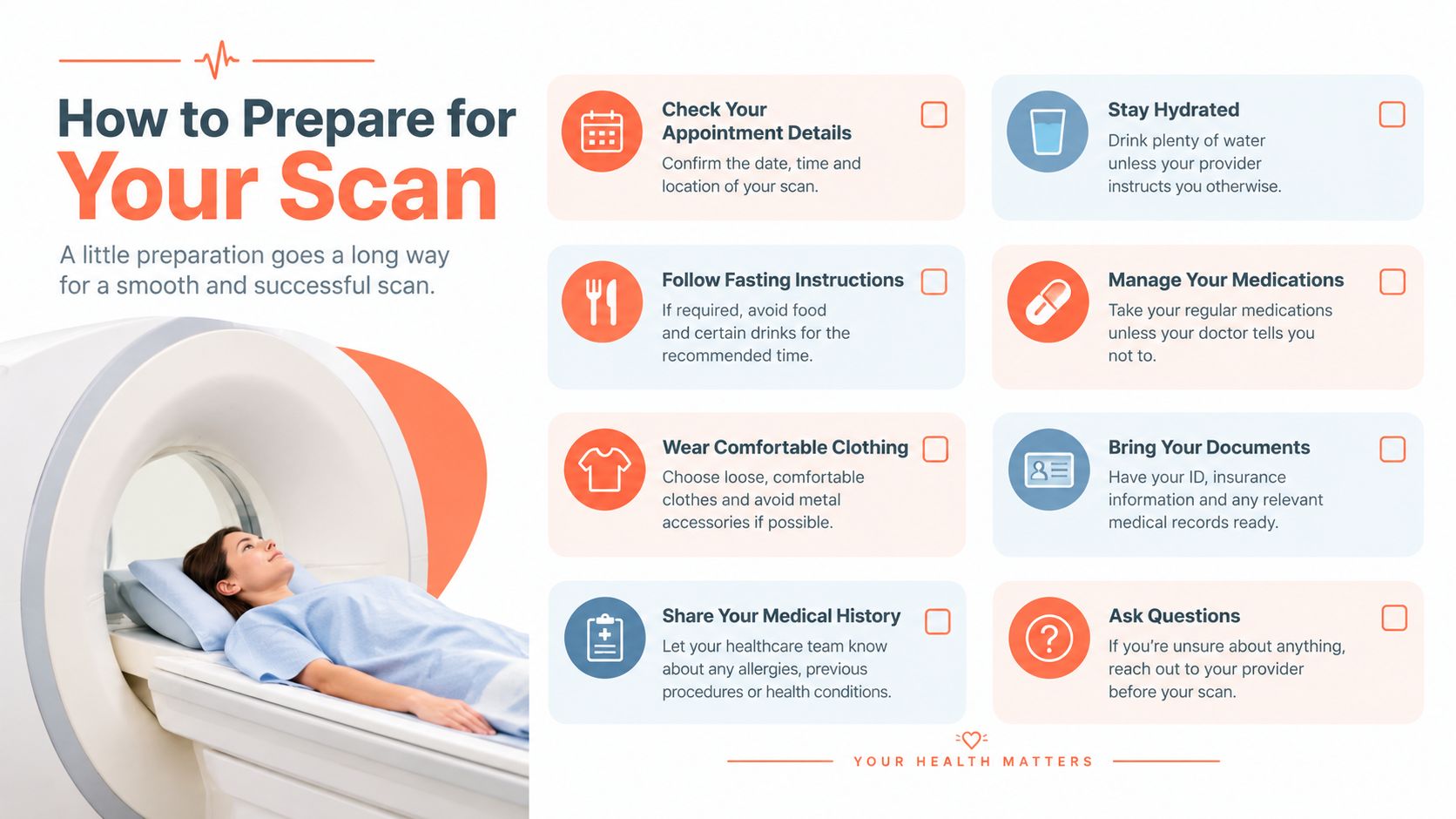 A patient undergoing a medical scan, accompanied by an instructional infographic on how to prepare for the appointment.