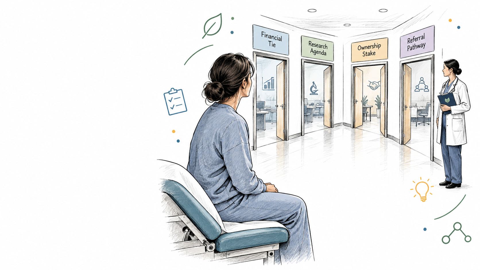 A patient sitting on an exam table facing multiple doors representing ethical choices in the medical industry.