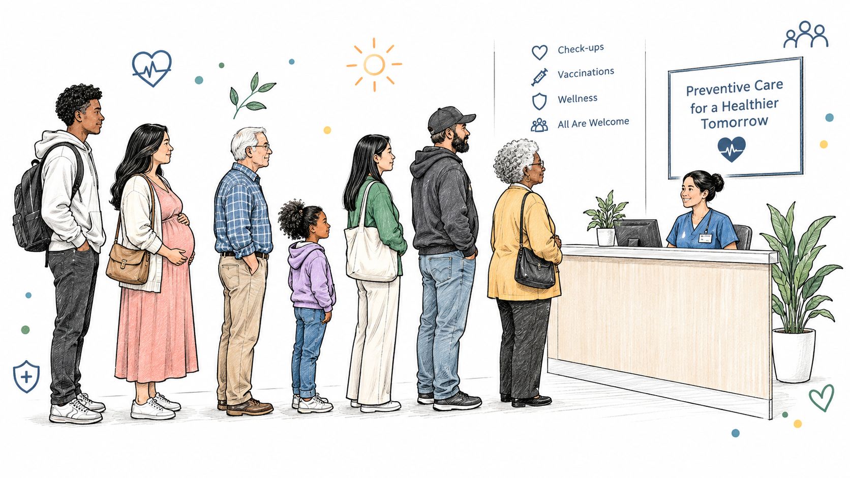 A diverse group of people waiting in line at a reception desk in a preventive medicine clinic.