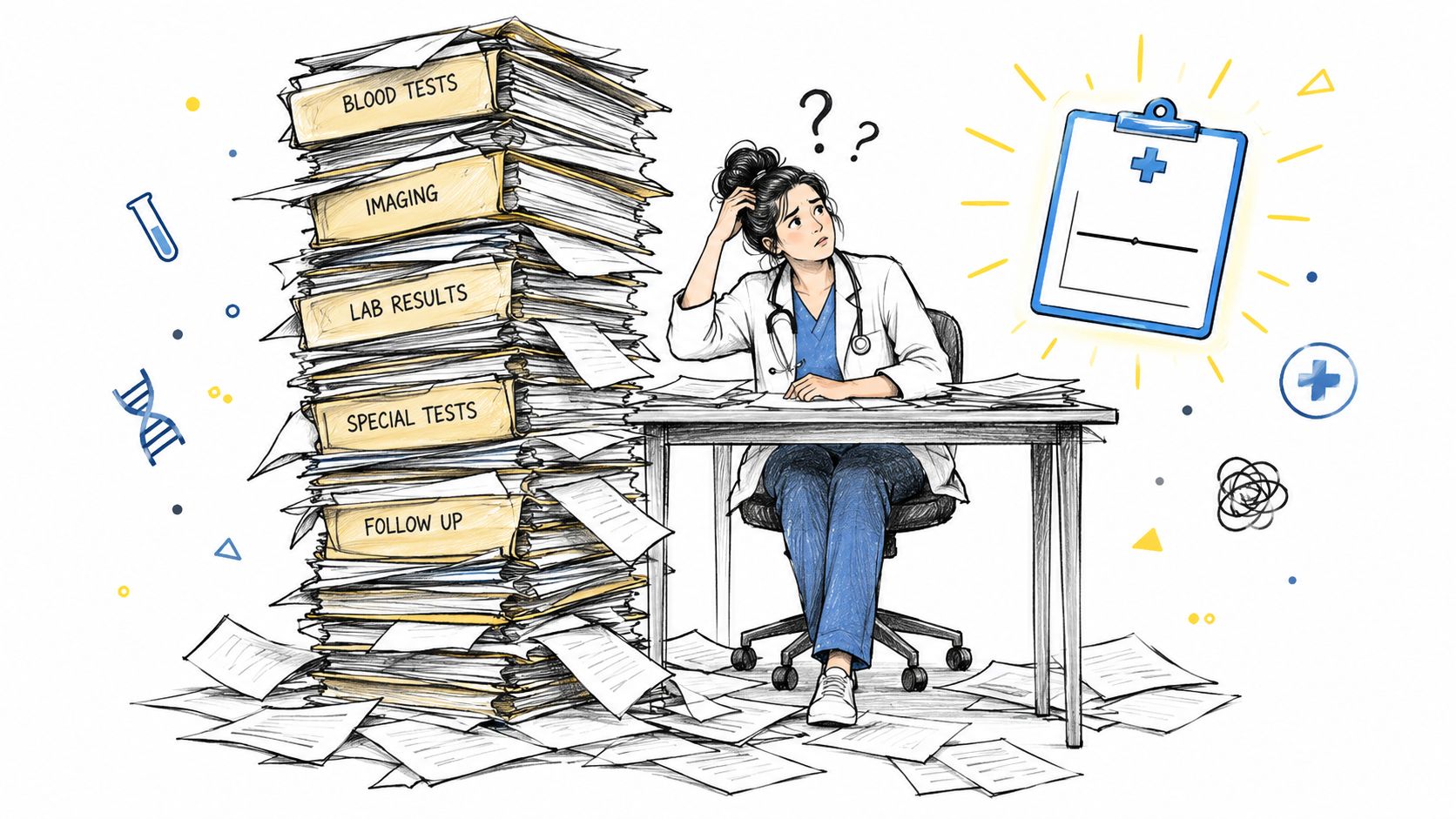 A female doctor sits at a desk overwhelmed by a large stack of medical paperwork and files.