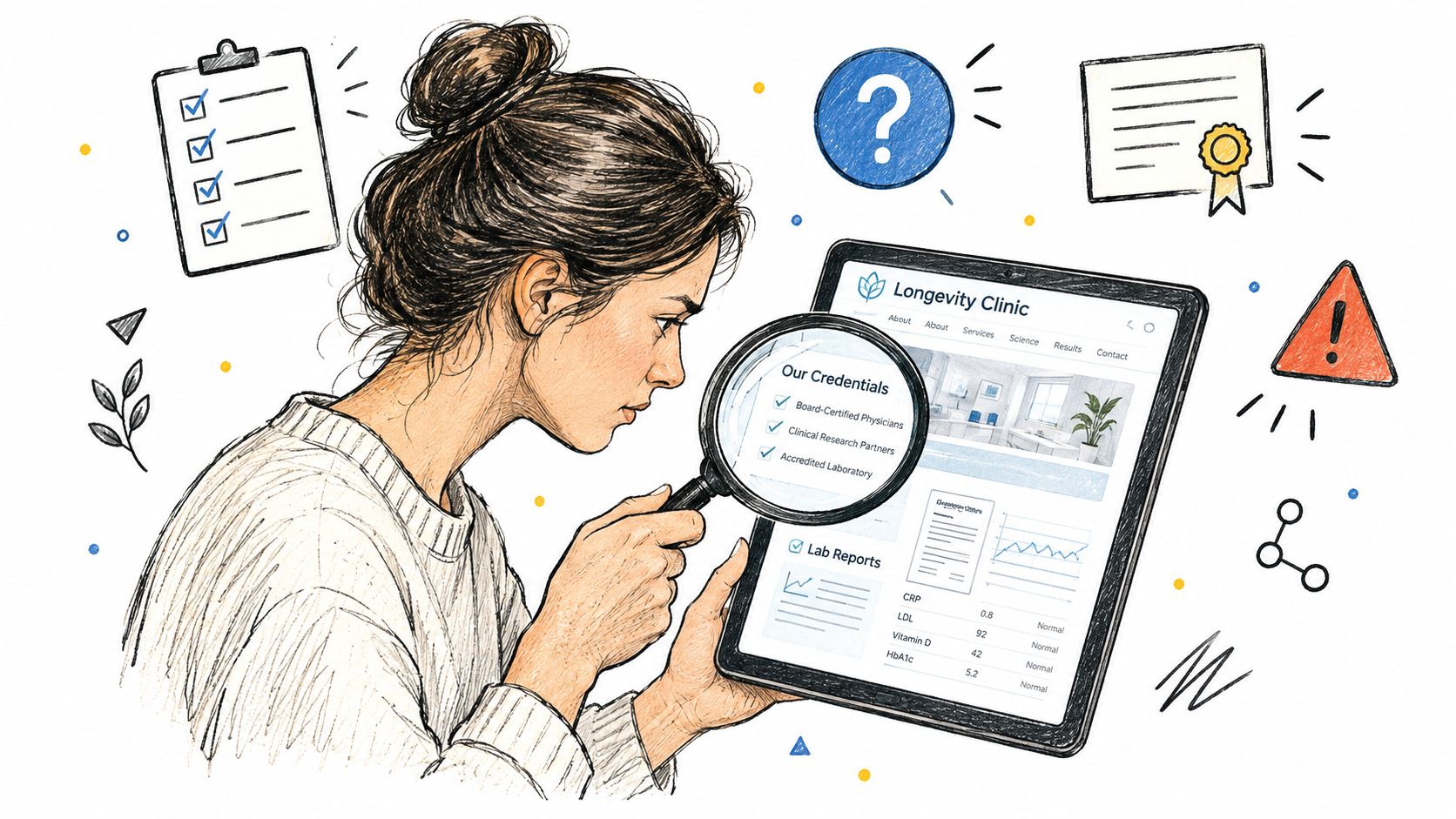 A woman using a magnifying glass to carefully examine laboratory results and clinic credentials on a tablet.