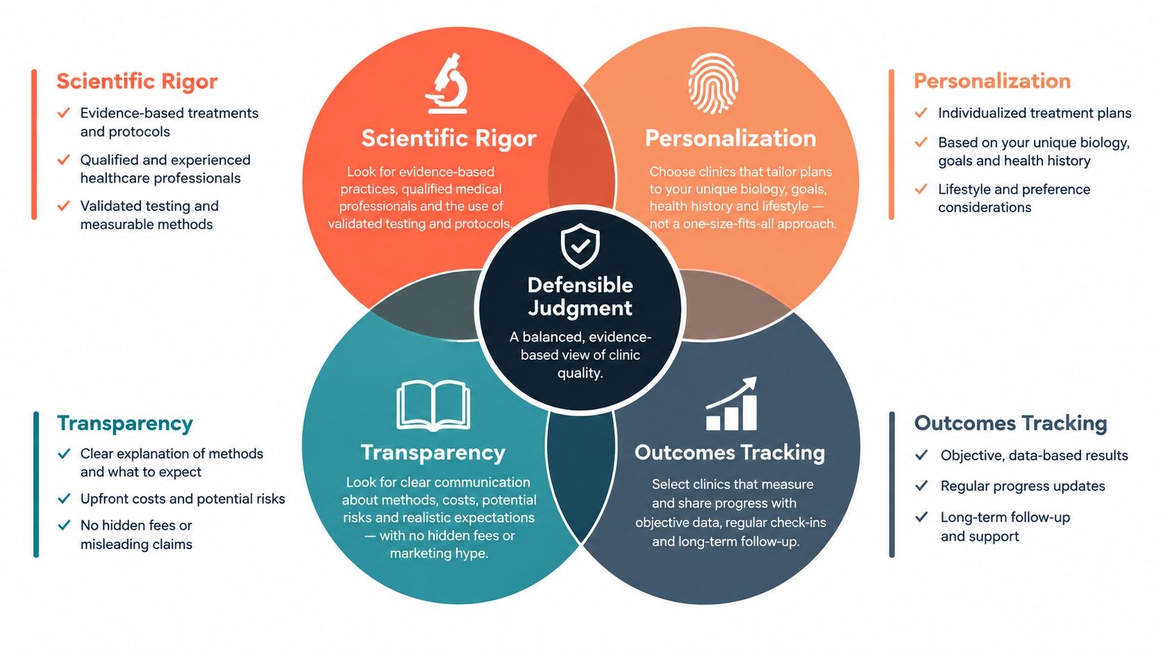 A diagram illustrating the four pillars of clinic quality: scientific rigor, personalization, transparency, and outcomes tracking.