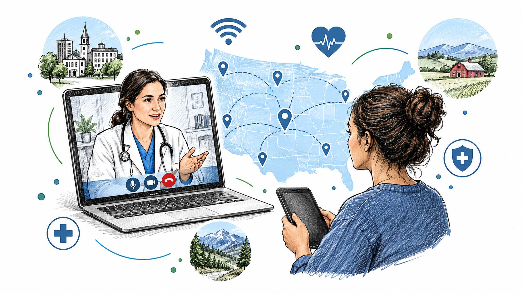 A patient having a remote telehealth video consultation with a doctor using a laptop computer.