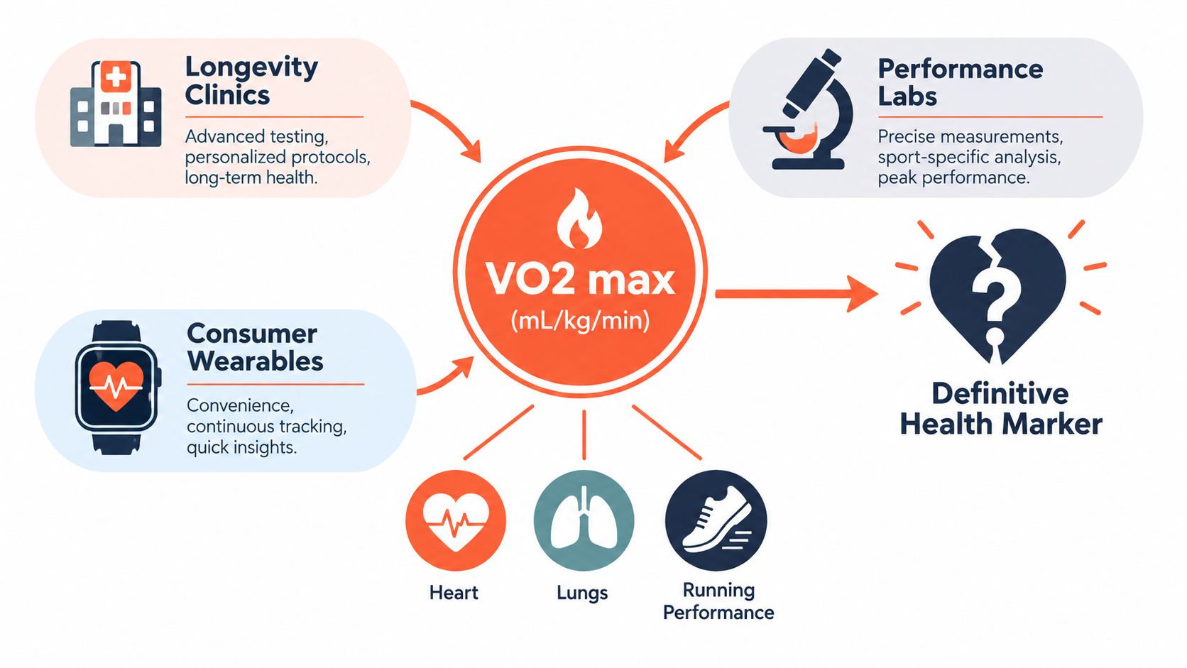 A diagram illustrating how VO2 max is analyzed through longevity clinics, performance labs, and consumer wearables.