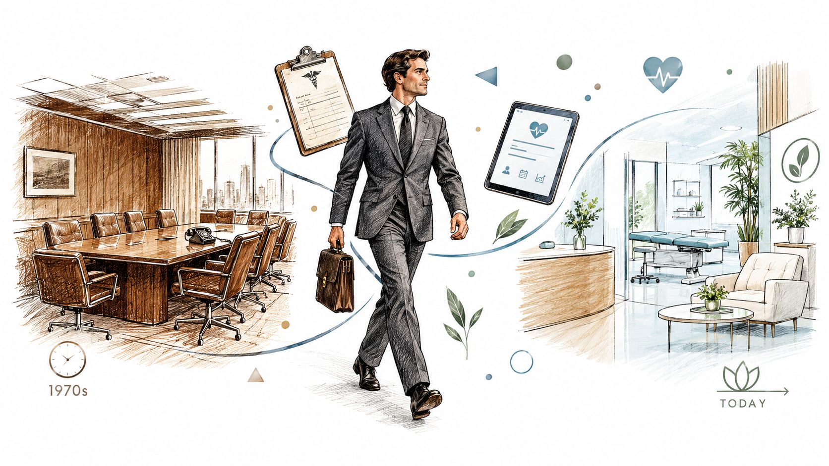 A professional man walking between a vintage 1970s boardroom and a modern, minimalist healthcare clinic office space.