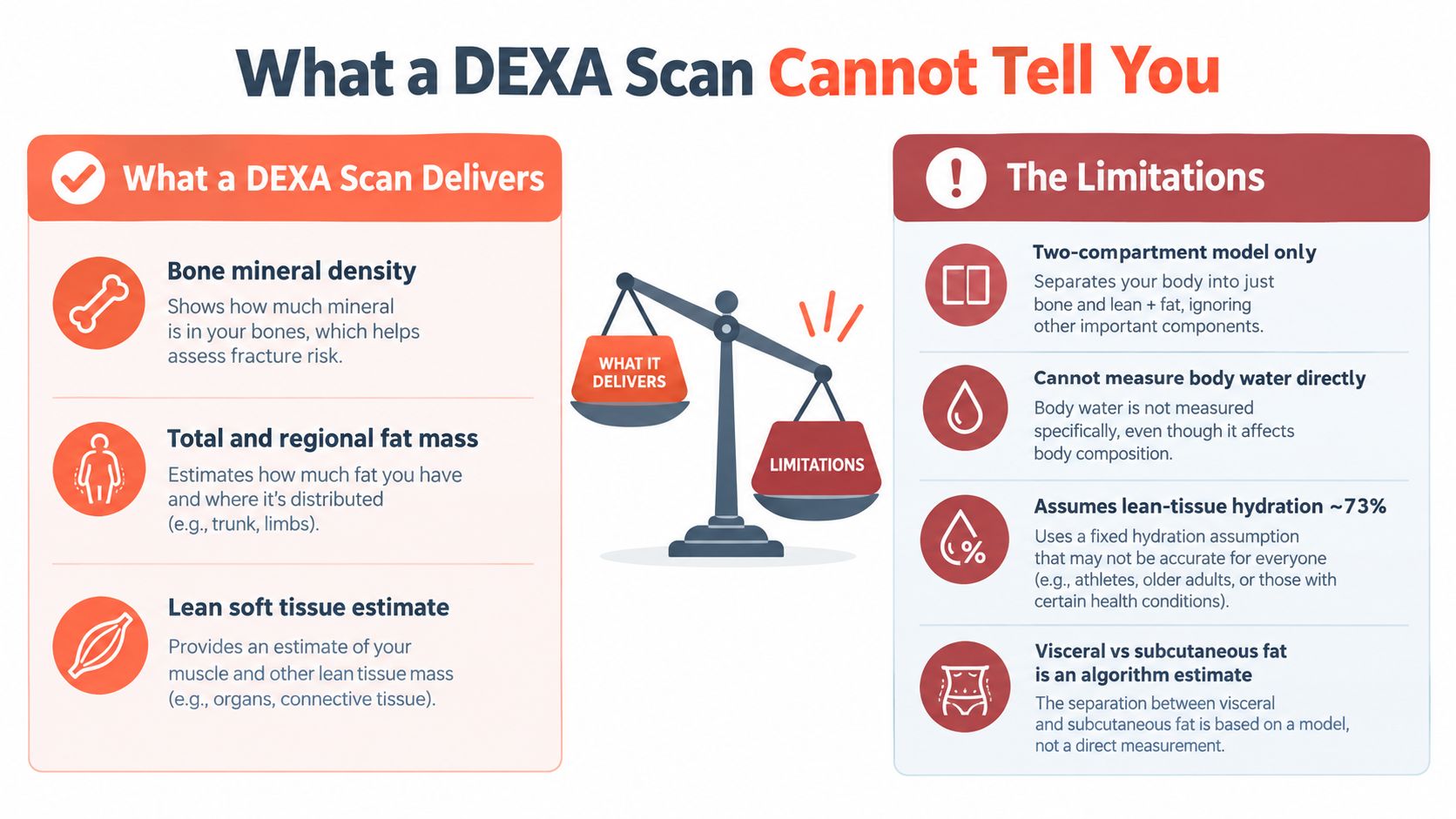 An infographic detailing the benefits and the limitations of a DEXA scan for analyzing body composition.