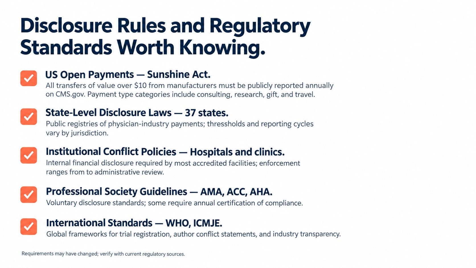 A list of disclosure rules and regulatory standards regarding healthcare industry relationships and transparency requirements.