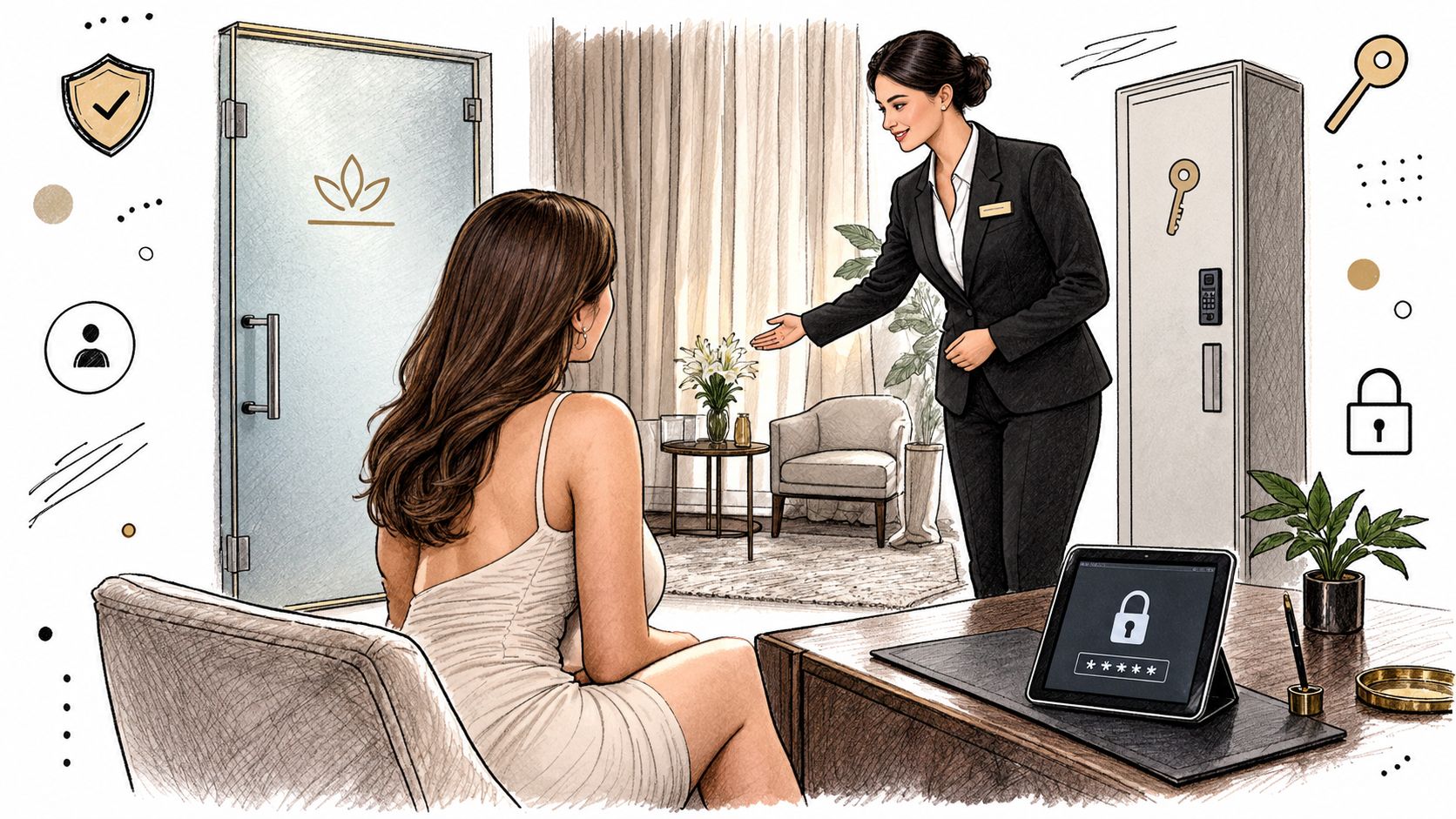 A professional receptionist in a suit greets a female patient at a modern executive health screening clinic.