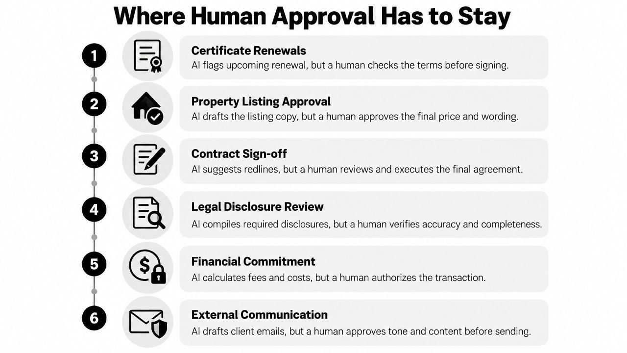A diagram outlining six business processes where human approval is required despite the use of AI.
