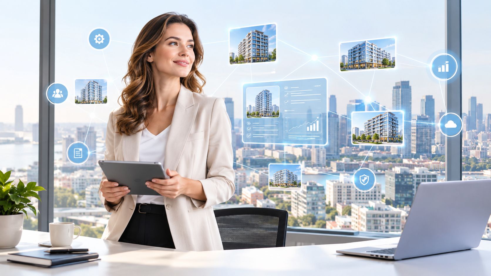A professional woman uses a tablet in a modern office with digital real estate network visualizations.