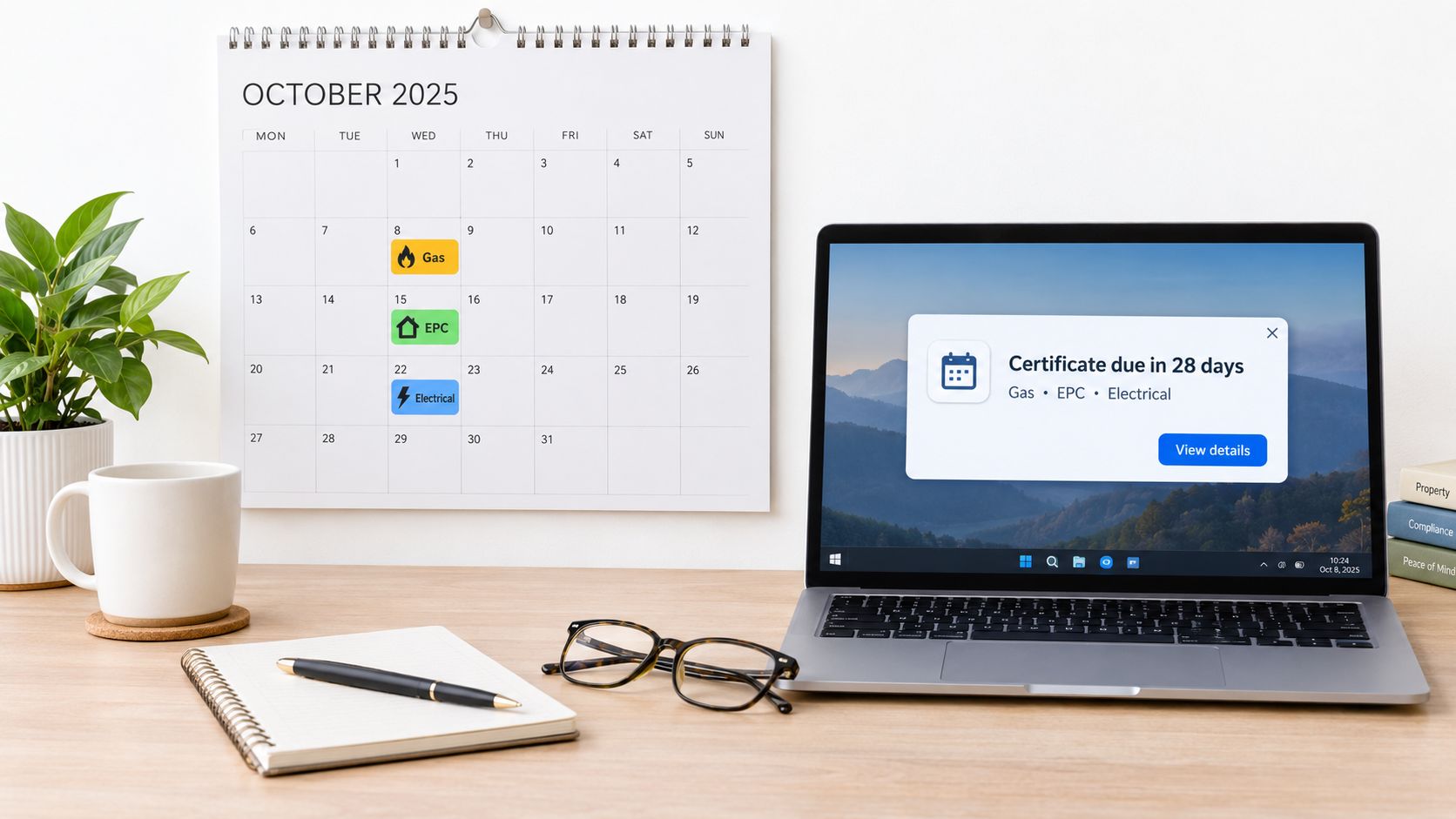 A modern workspace with a calendar highlighting property maintenance dates and a laptop displaying compliance alerts.