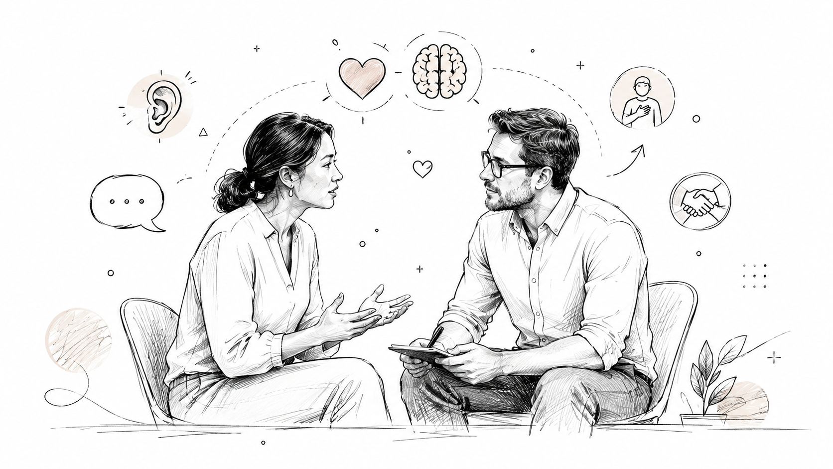 A woman speaks to a professional therapist who is taking notes during a counseling or coaching session.