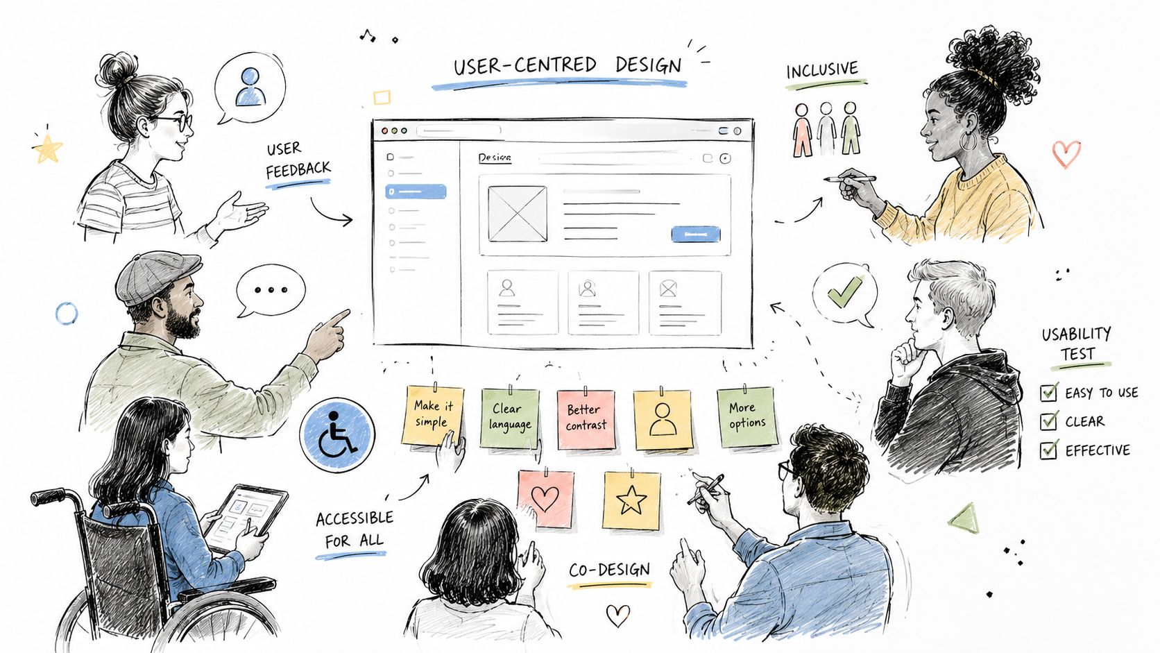 A hand-drawn illustration showing diverse people collaborating on a user-centered design project with accessibility and feedback features.