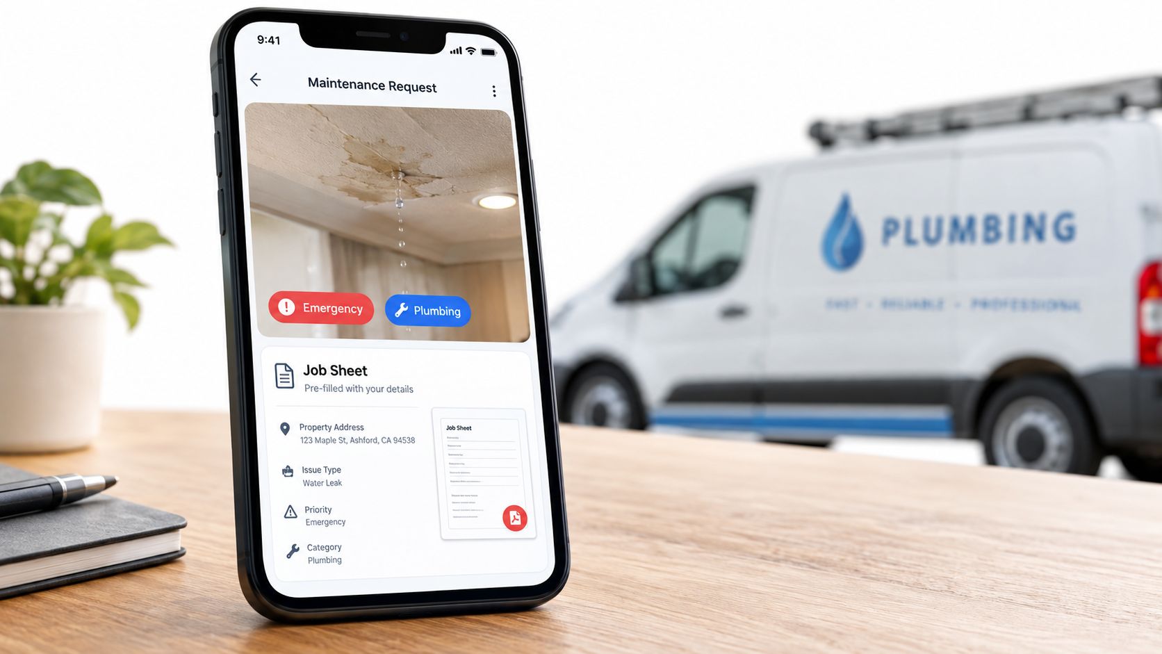 A smartphone screen showing a plumbing maintenance request app with a water leak image and job details.