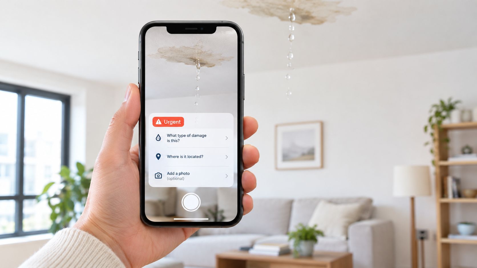 A smartphone screen showing a home maintenance app interface with an urgent alert for ceiling water damage.