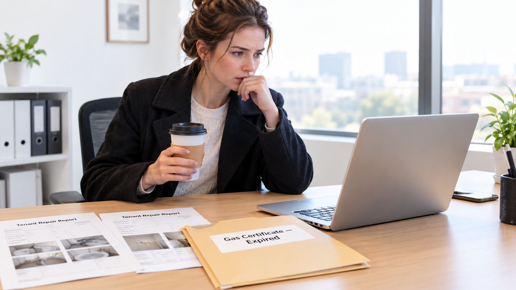 A concerned woman sitting at her office desk reviewing expired gas certificate documents on her laptop.