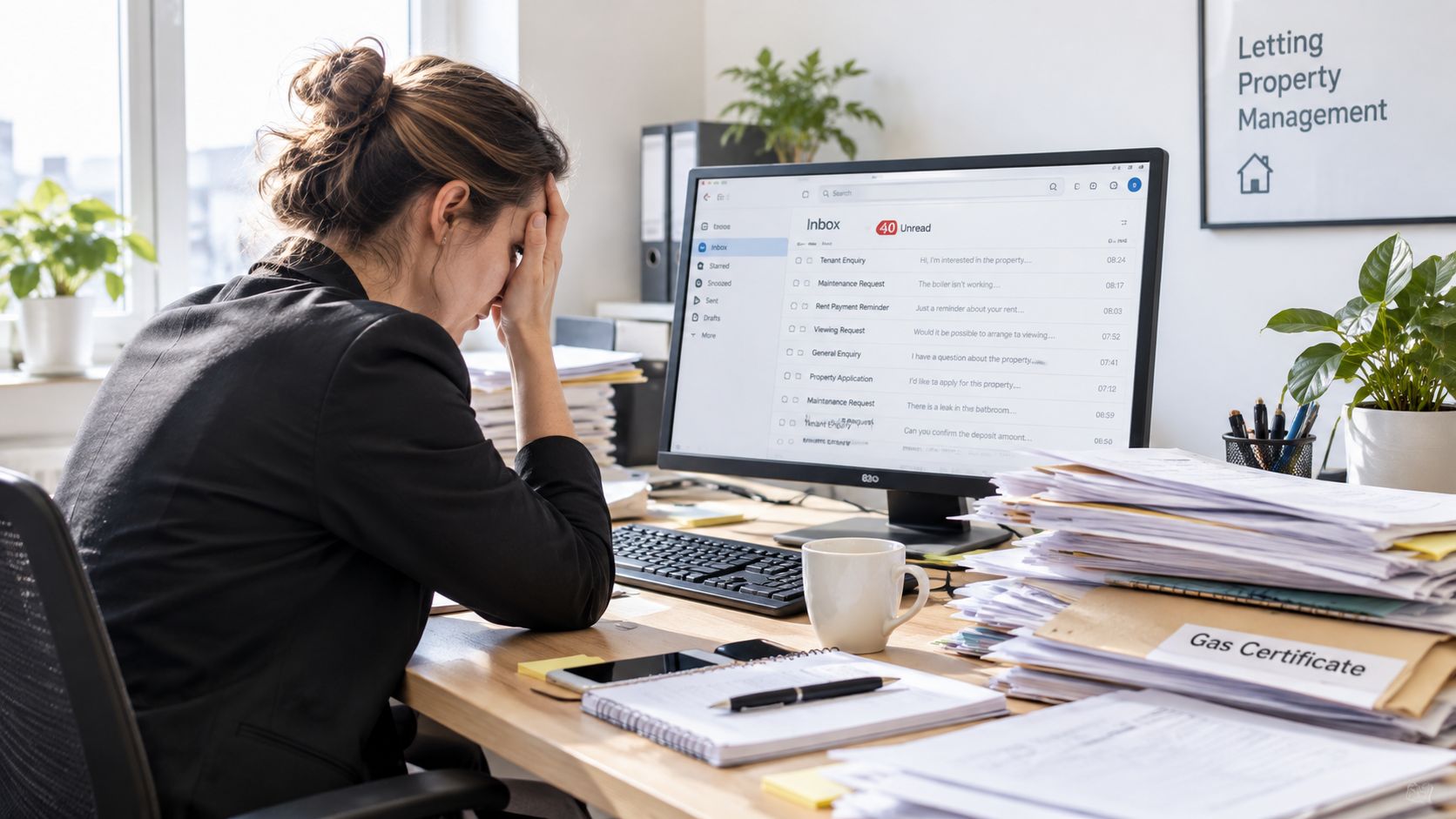 A stressed property manager sitting at a desk overflowing with paperwork while looking at an email inbox.