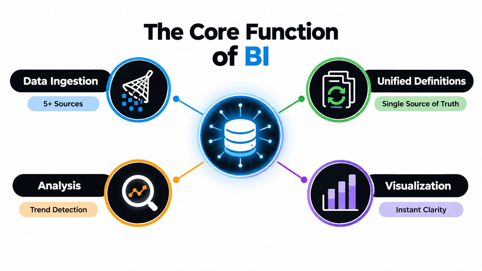 A diagram illustrating the four core functions of Business Intelligence: data ingestion, unified definitions, analysis, and visualization.