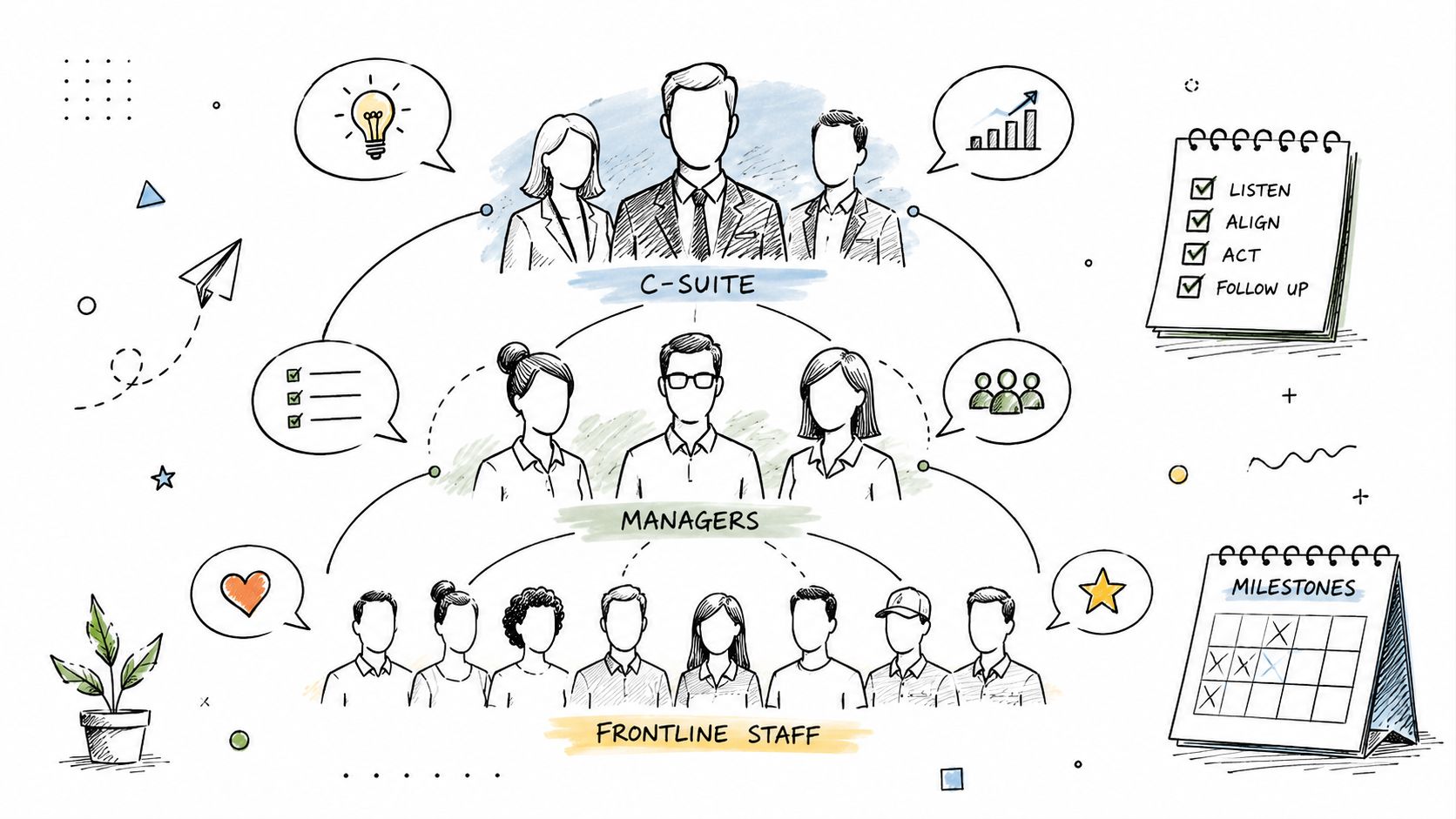 A hand-drawn illustration showing a business hierarchy from C-suite to managers and frontline staff.