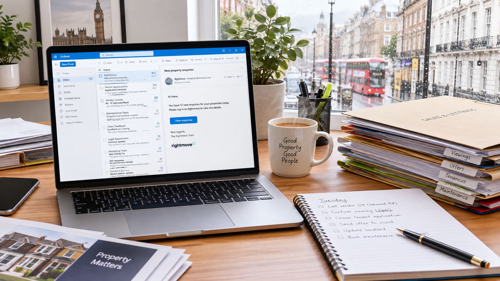 A modern workspace with a laptop displaying emails and a notebook detailing daily property management tasks.