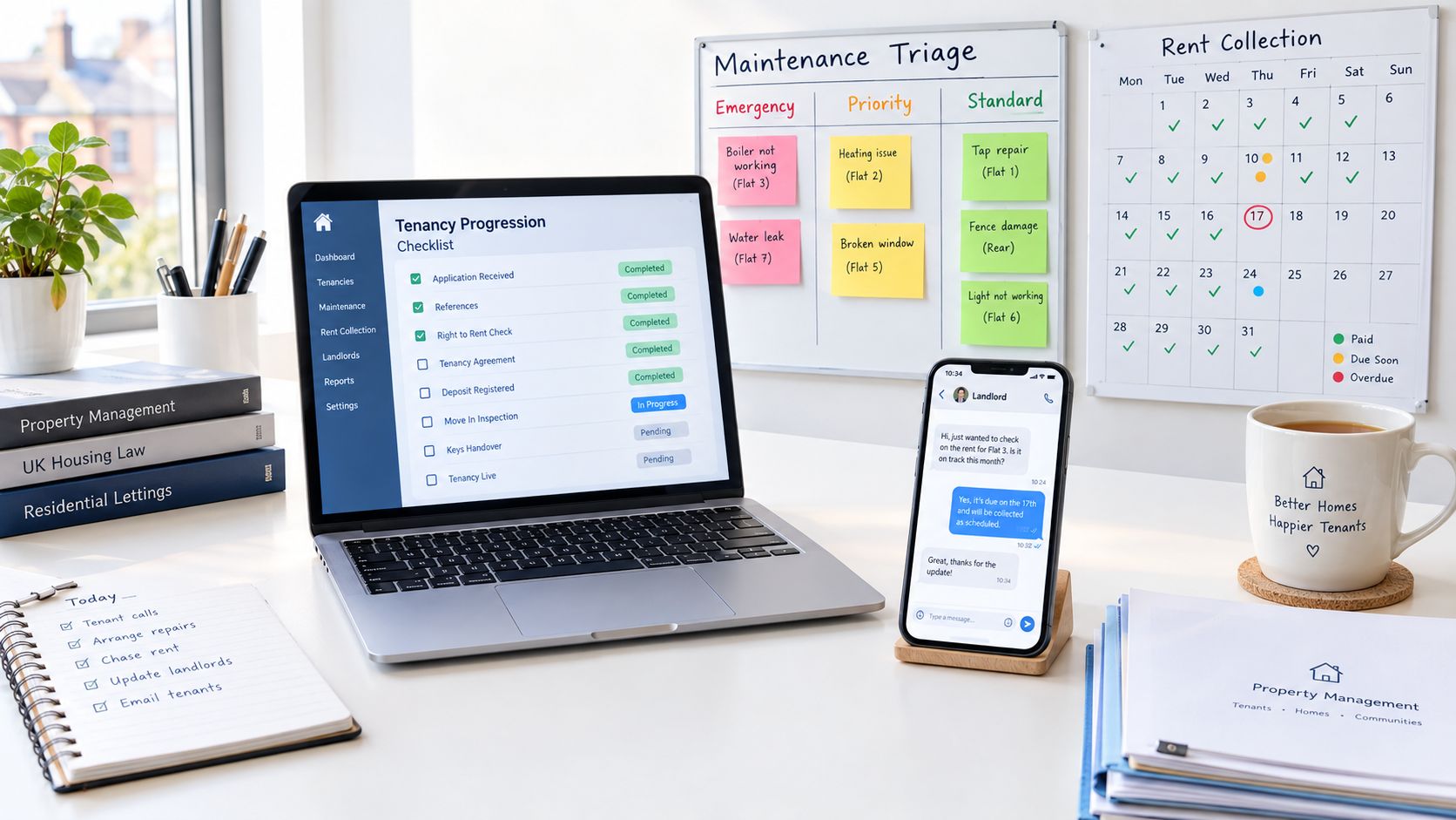 A property management workspace featuring a laptop, smartphone, maintenance notes, and organizational documents on a clean desk.