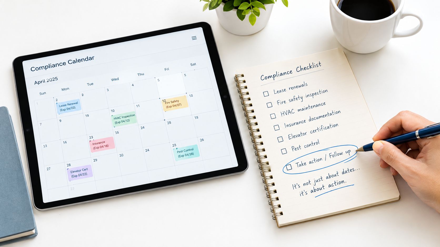 A hand using a pen to write on a compliance checklist next to a tablet showing a calendar.