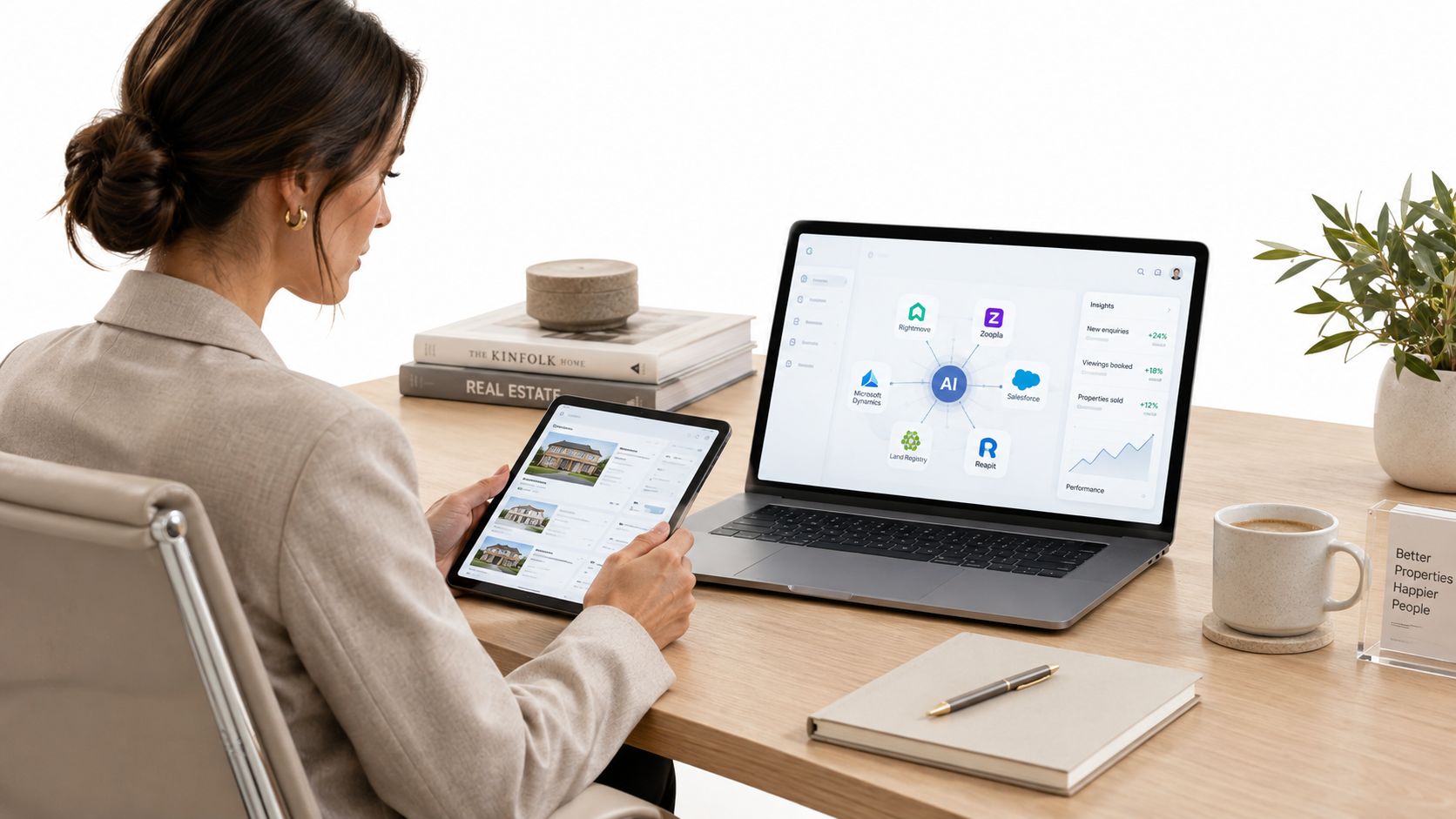 A professional woman uses a tablet and laptop displaying property management AI software in a bright office.