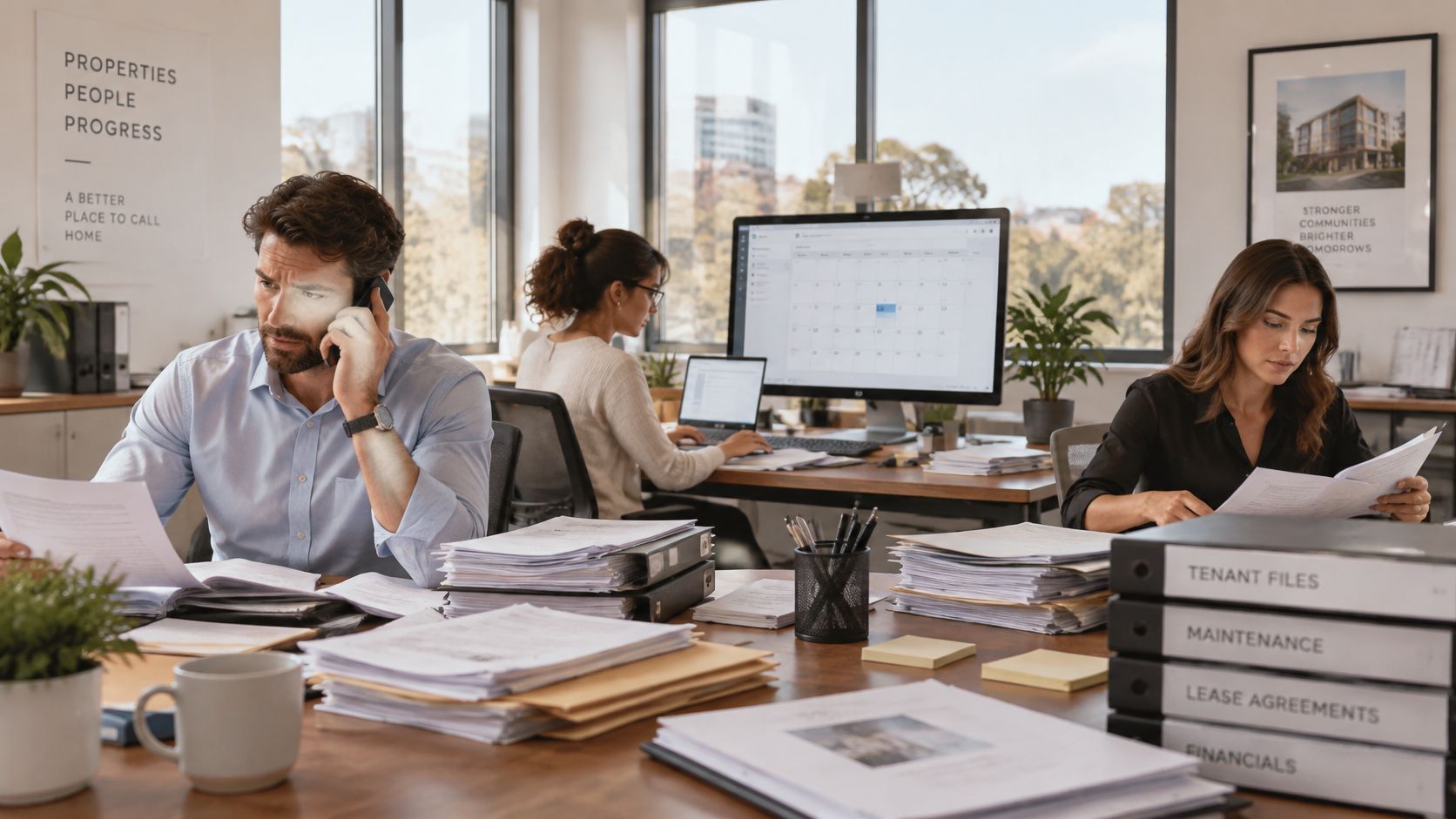 A professional team working in a modern office environment surrounded by property management documents and computers.