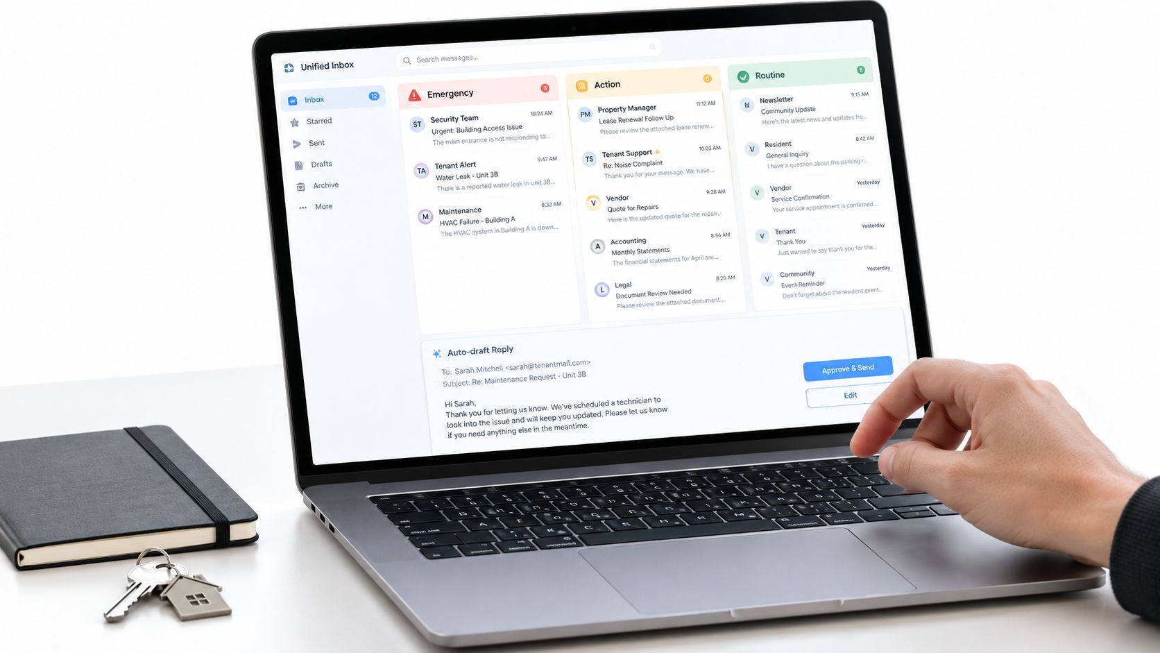 A professional laptop screen displaying a smart unified inbox interface for managing tenant and property maintenance communications.