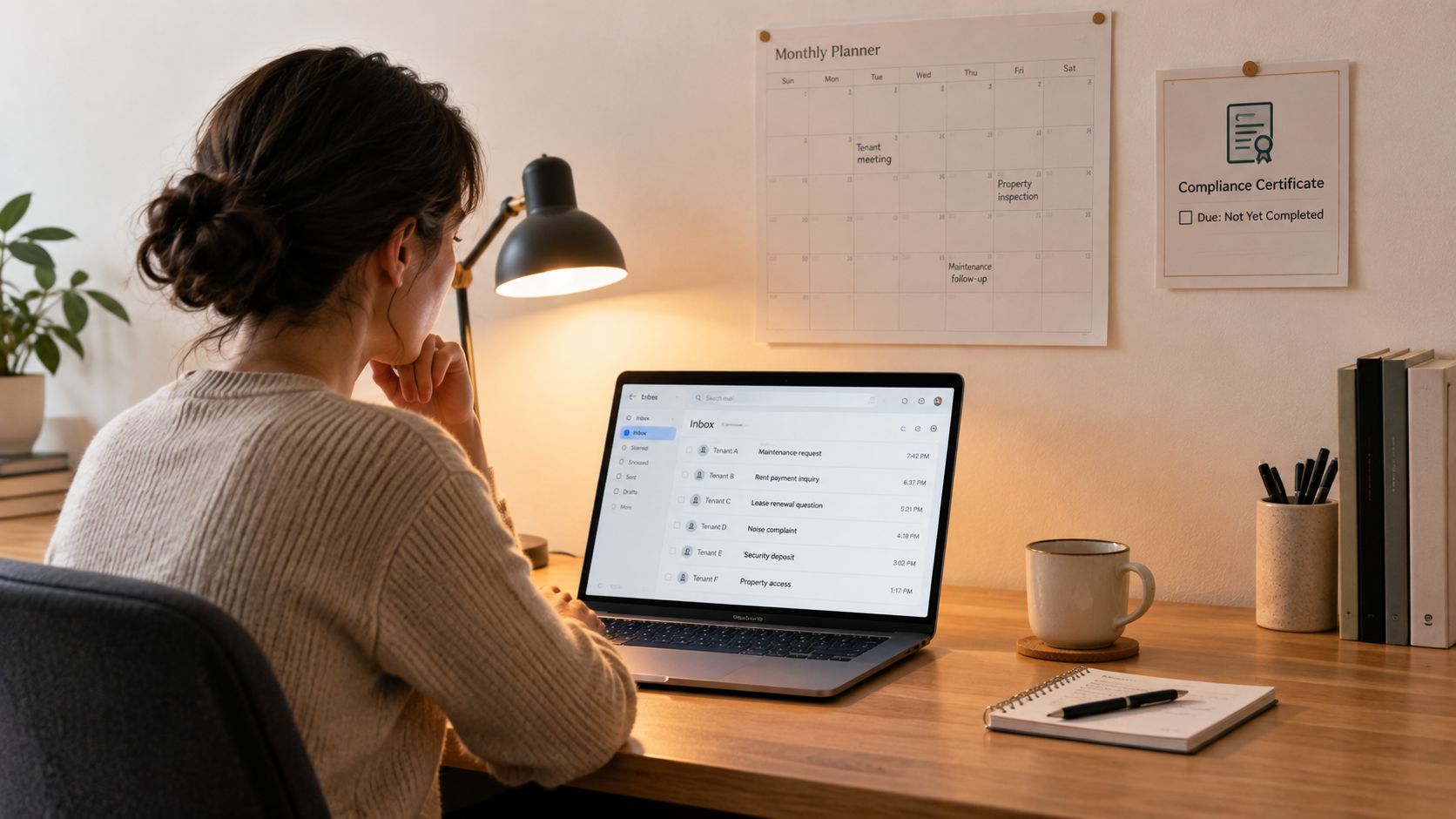 A professional woman working on a laptop at a wooden desk with a monthly planner and lamp.