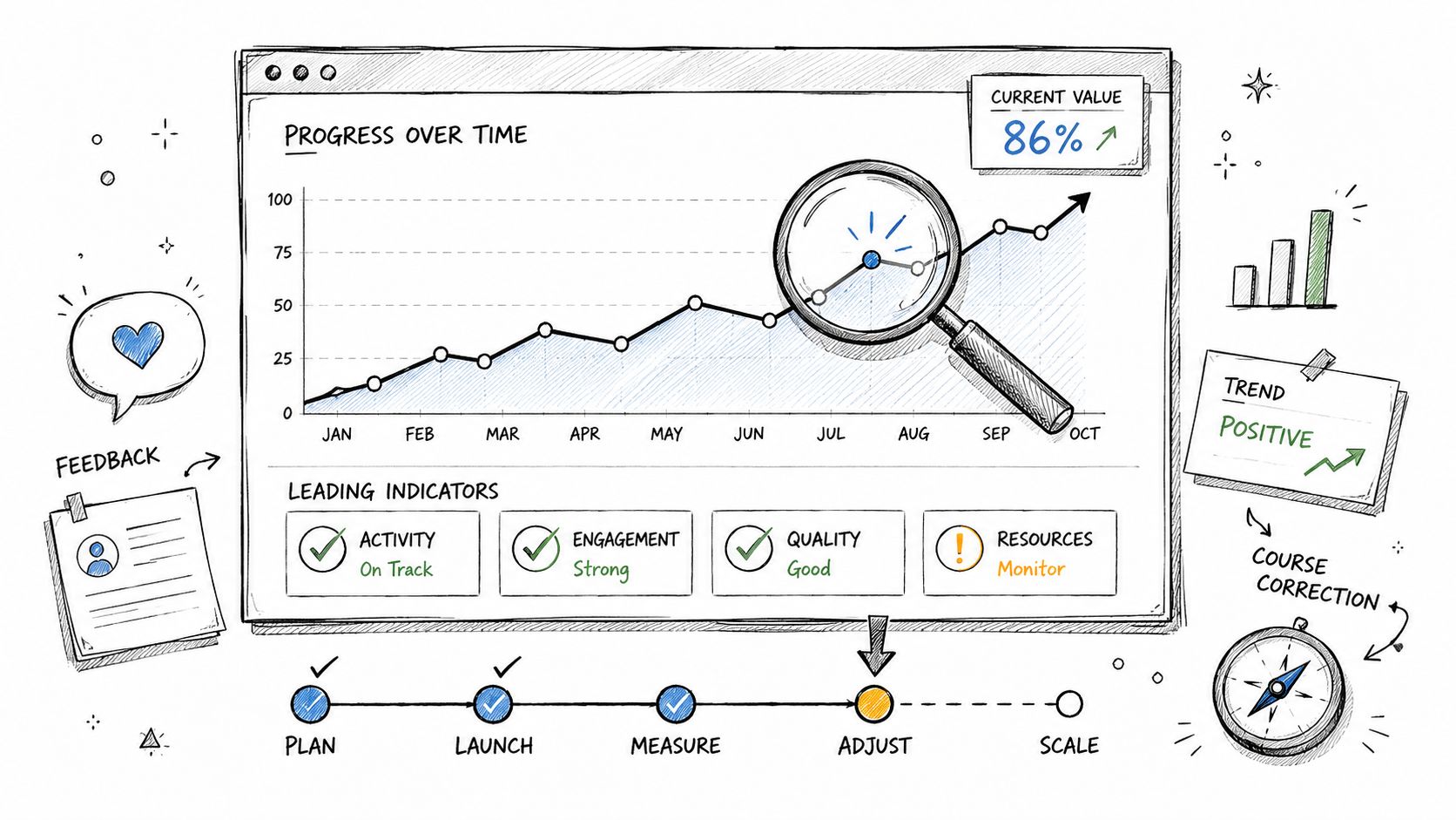 A hand-drawn business dashboard displaying a progress chart, leading indicators, and a project management process cycle.