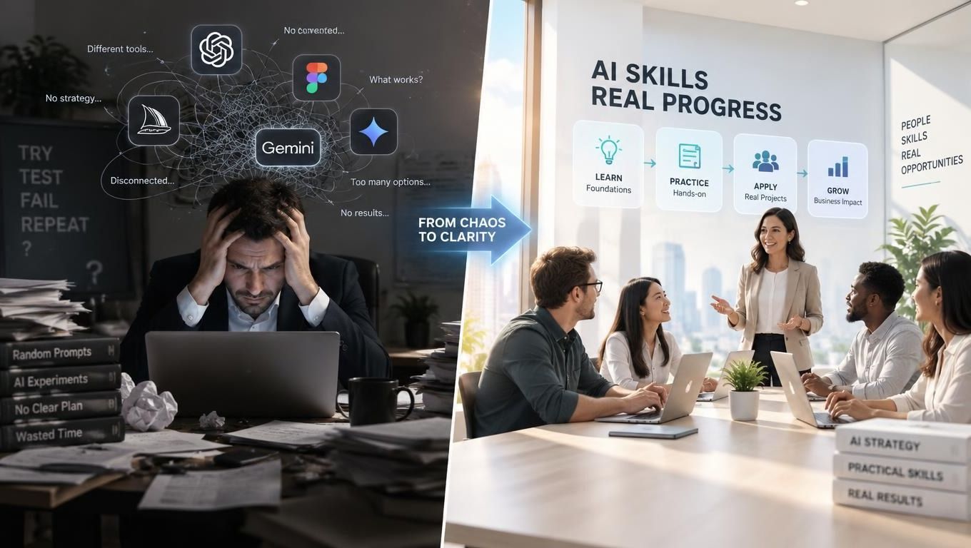A split screen comparing a frustrated worker struggling with AI tools versus a collaborative team succeeding with AI.