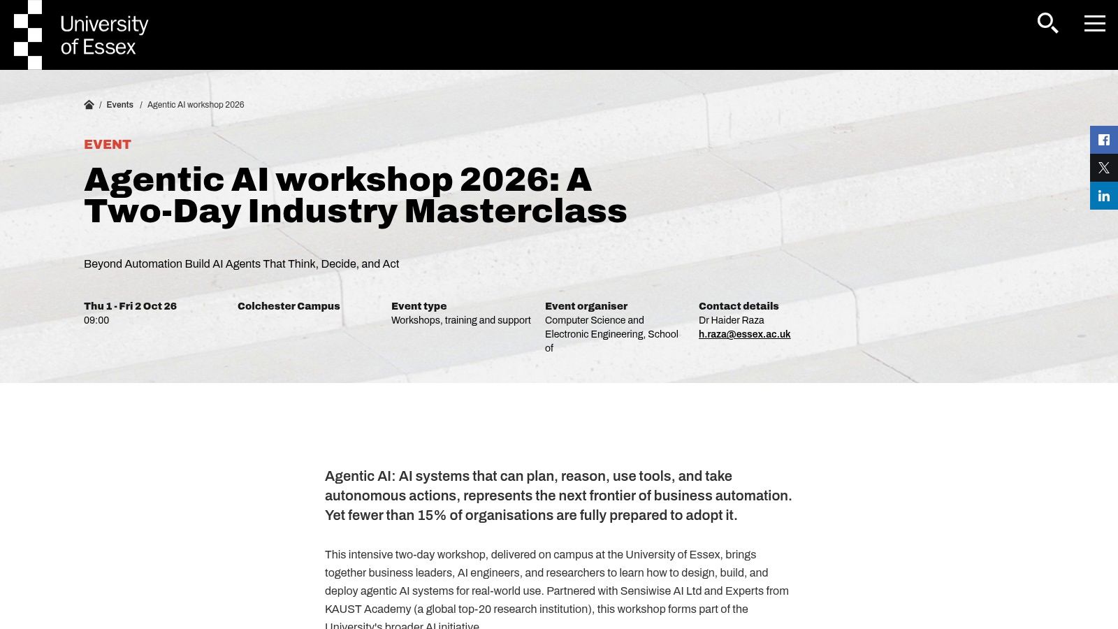 University of Essex, Agentic AI Workshop 2026 (Two-Day Industry Masterclass)