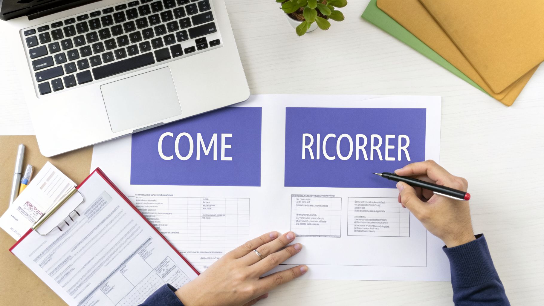 Vista dall'alto di un tavolo da lavoro con laptop, documenti e mani che scrivono su un foglio con le parole 'COME RICORRER'.